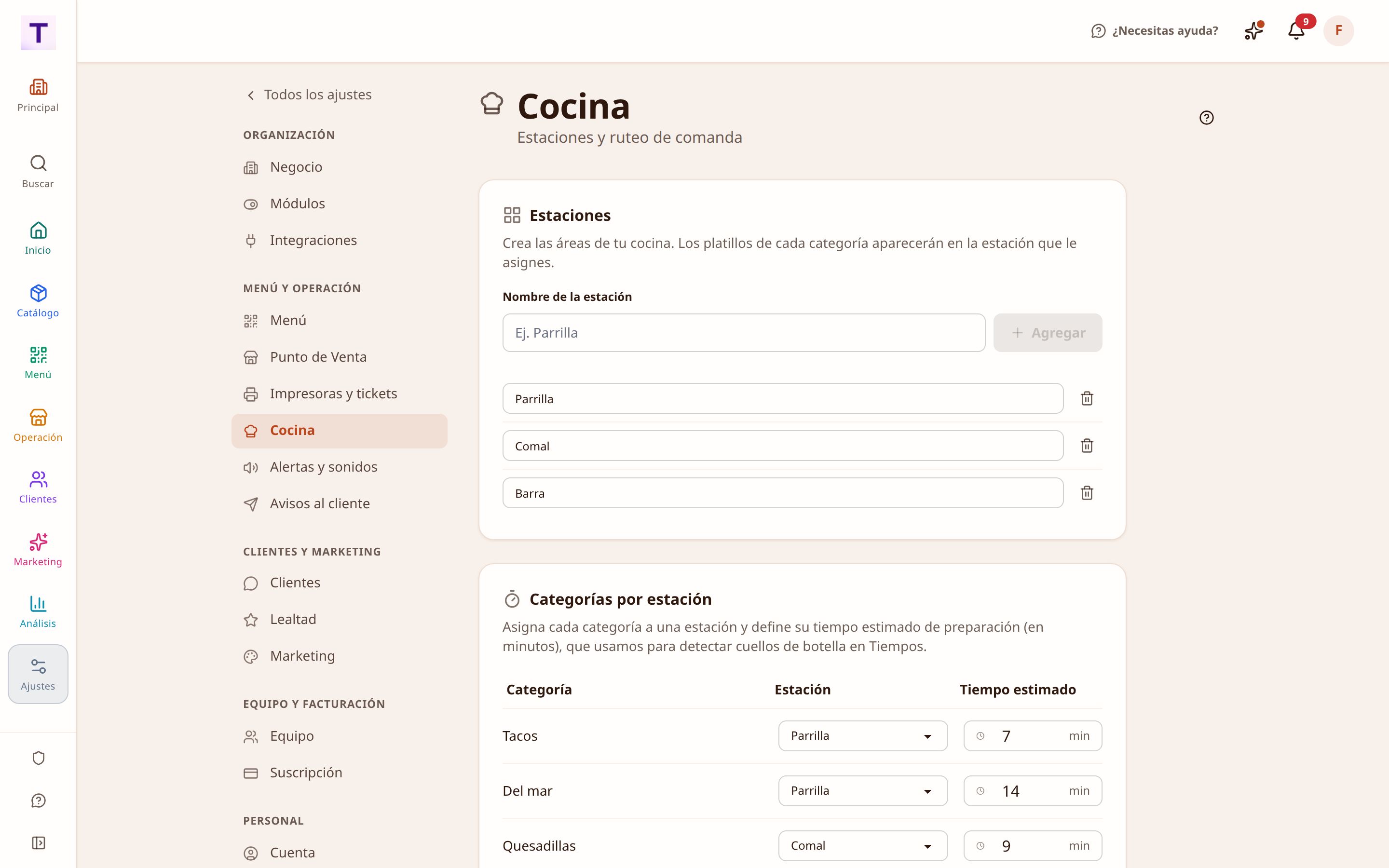 Ajustes de cocina con las estaciones y qué categoría del menú se enruta a cada una