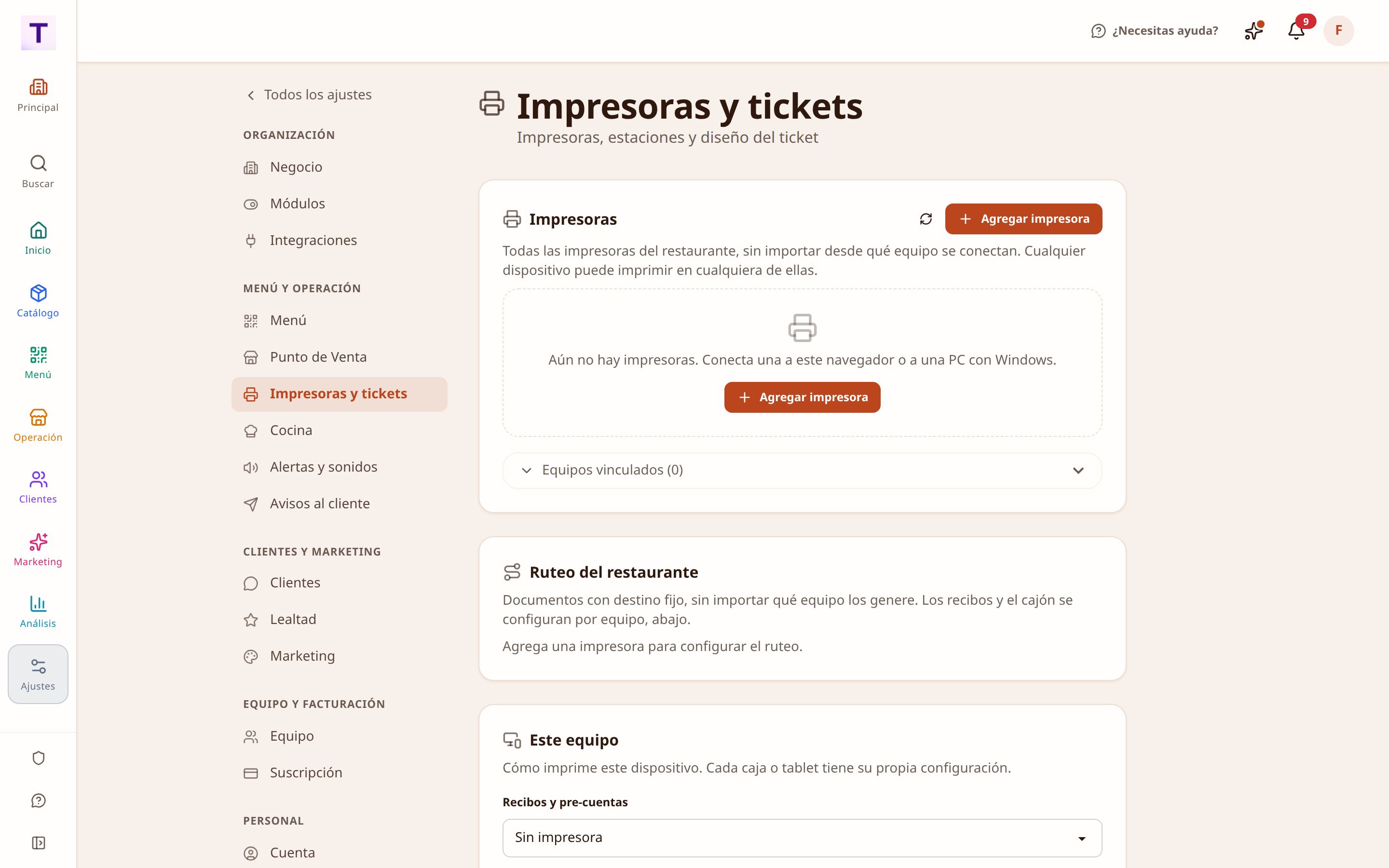 Ajustes de impresión: dónde se agrega una impresora y qué documento se rutea a cada una