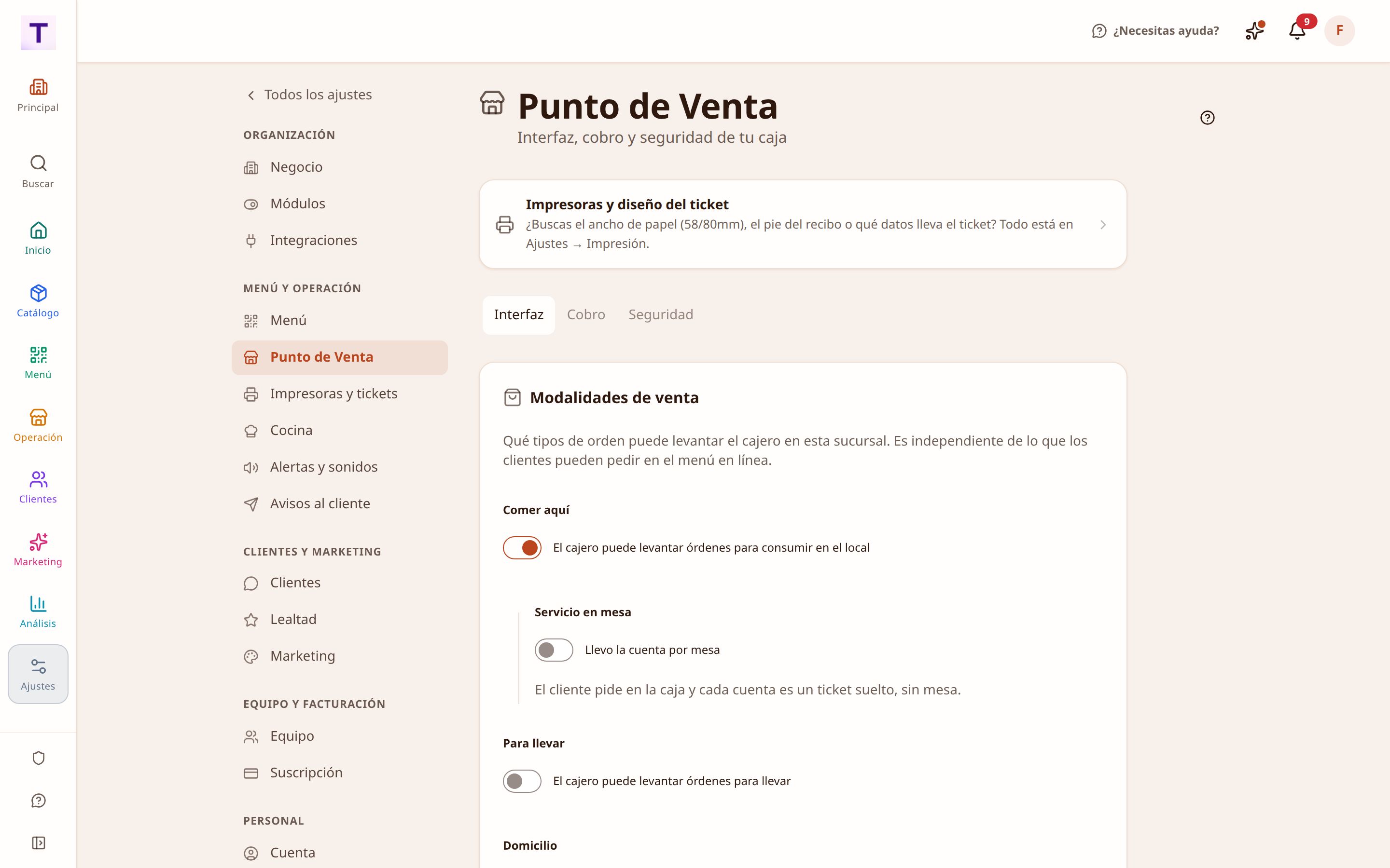 Ajustes del punto de venta: propina, impuesto, apertura de turno y permisos de descuento