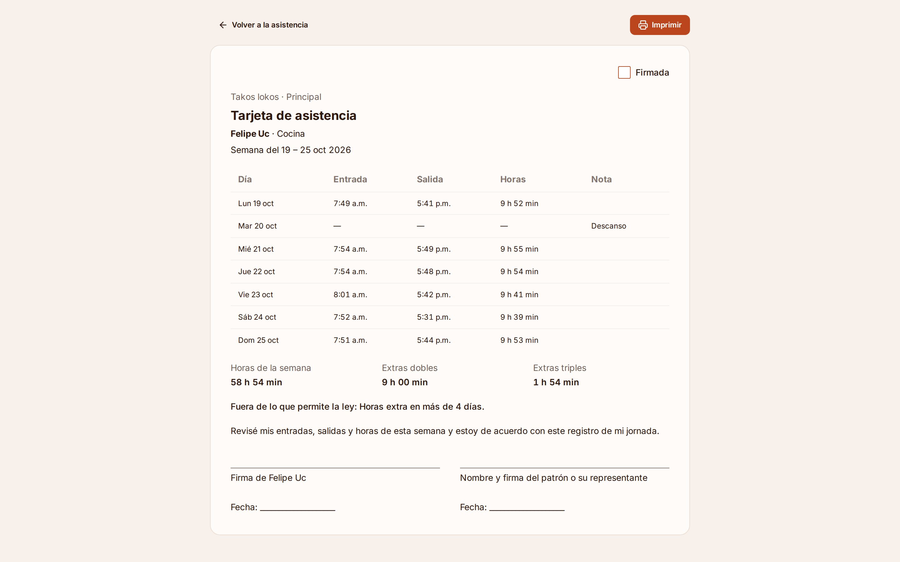 Tarjeta de asistencia semanal de un cocinero lista para imprimir y firmar: entrada, salida y horas de cada día, con sus horas extra dobles y triples