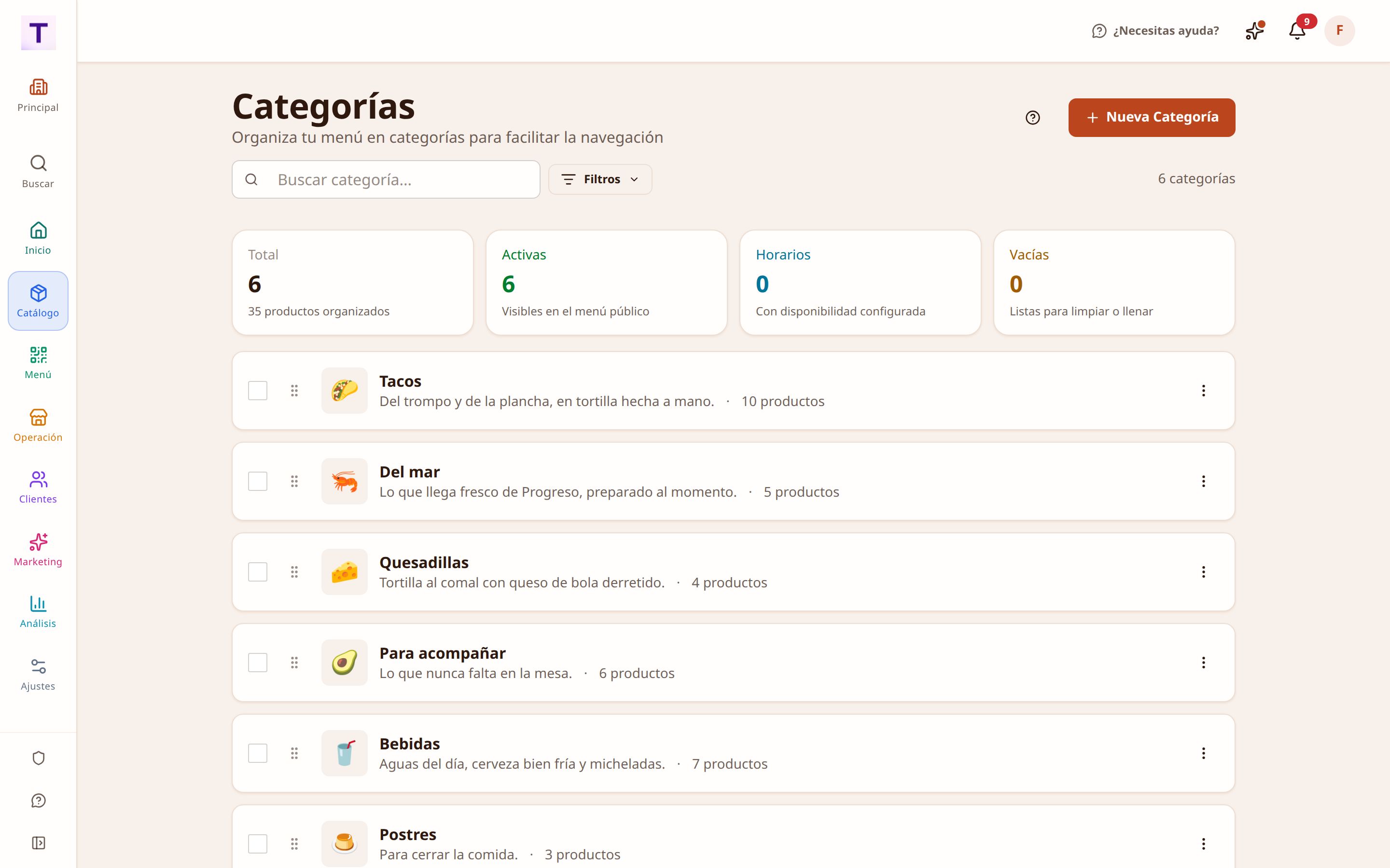 Categorías del menú en orden, cada una con su horario propio y su interruptor