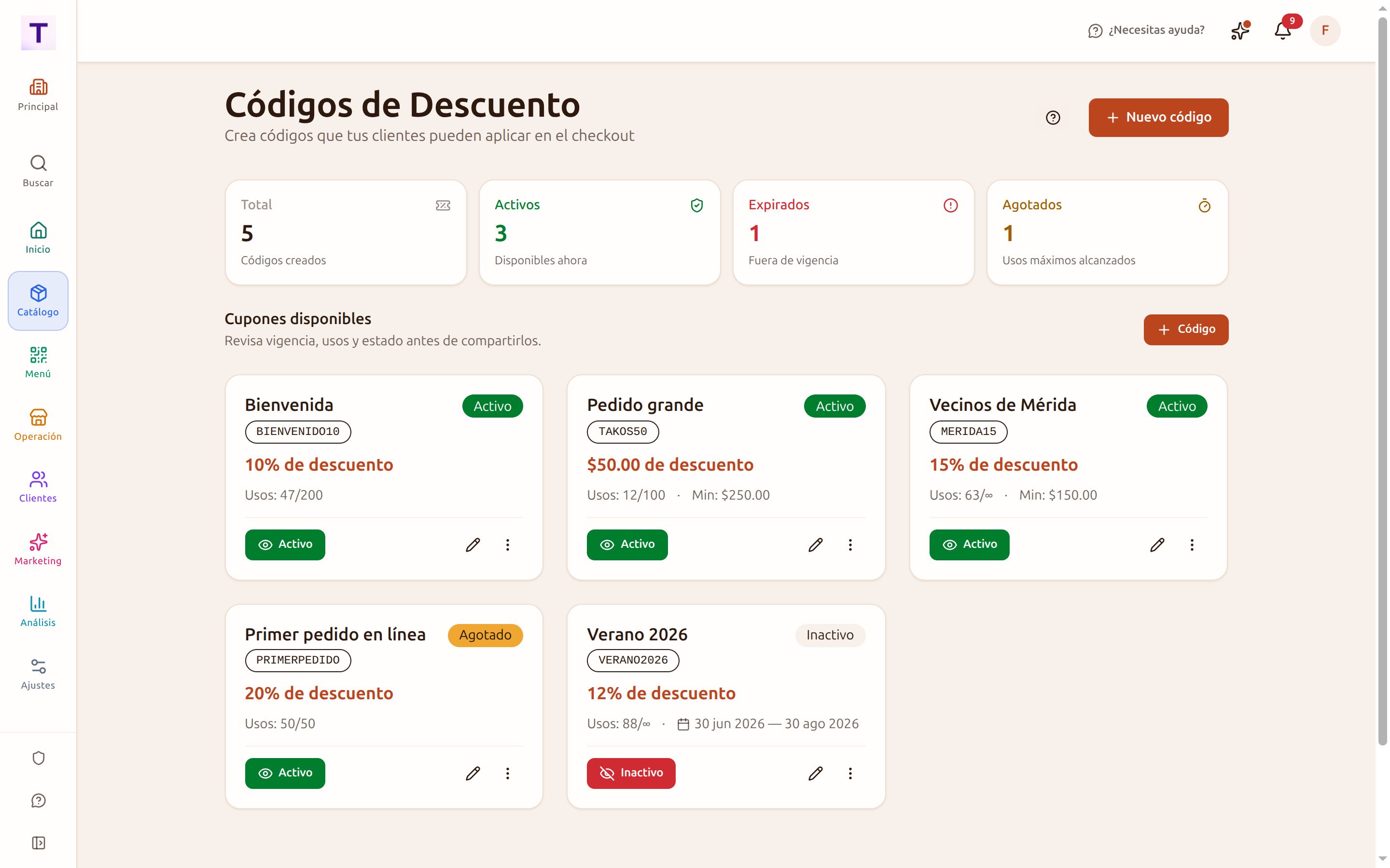 Códigos de descuento con su tope de usos y cuántas veces se ha canjeado cada uno
