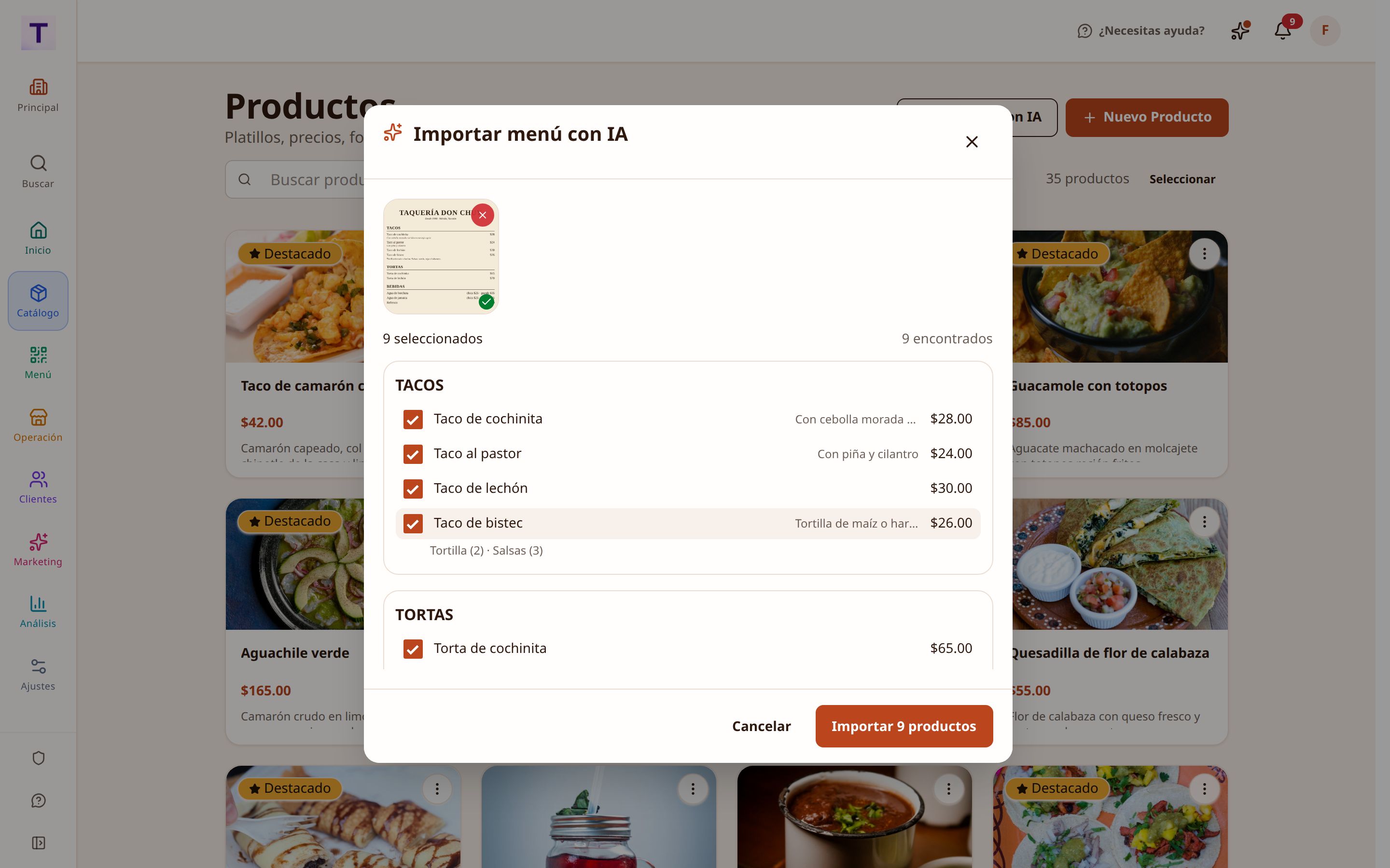 Importador con IA sobre la foto de una carta impresa: las categorías y los productos que leyó, cada uno con su precio y sus opciones, palomeados para importar