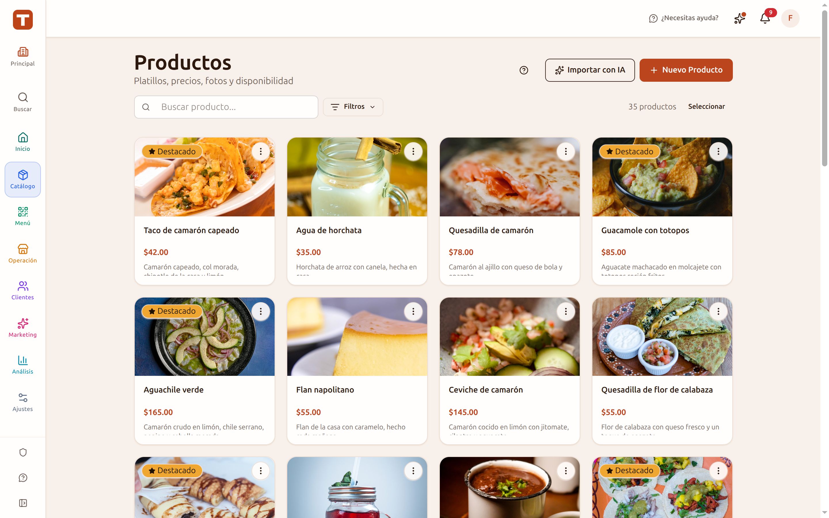 Catálogo de productos con su foto, su precio y su interruptor de disponibilidad