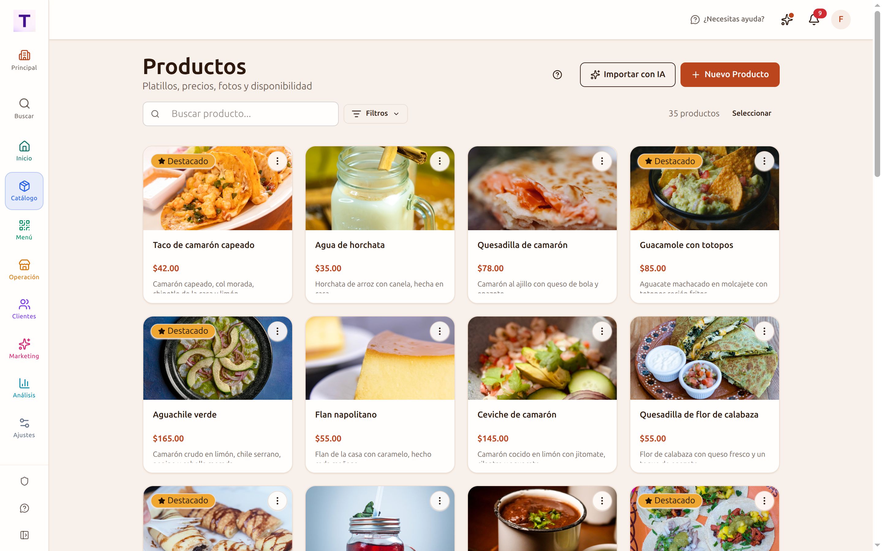 Catálogo de productos con su foto, su precio y su interruptor de disponibilidad