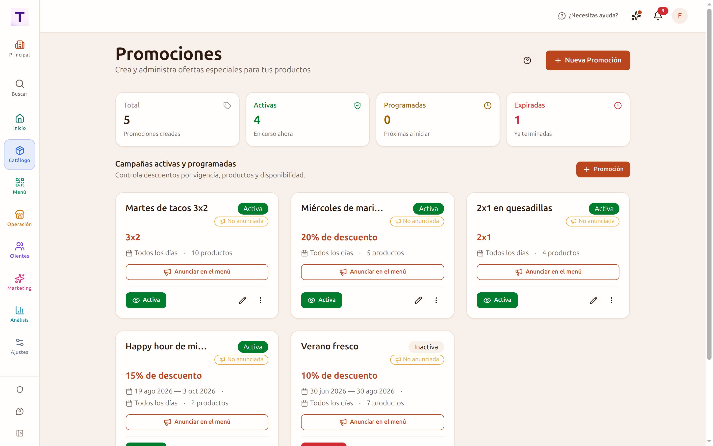 Promociones del restaurante: un 3x2, un 2x1 y descuentos por porcentaje, cada uno con su vigencia