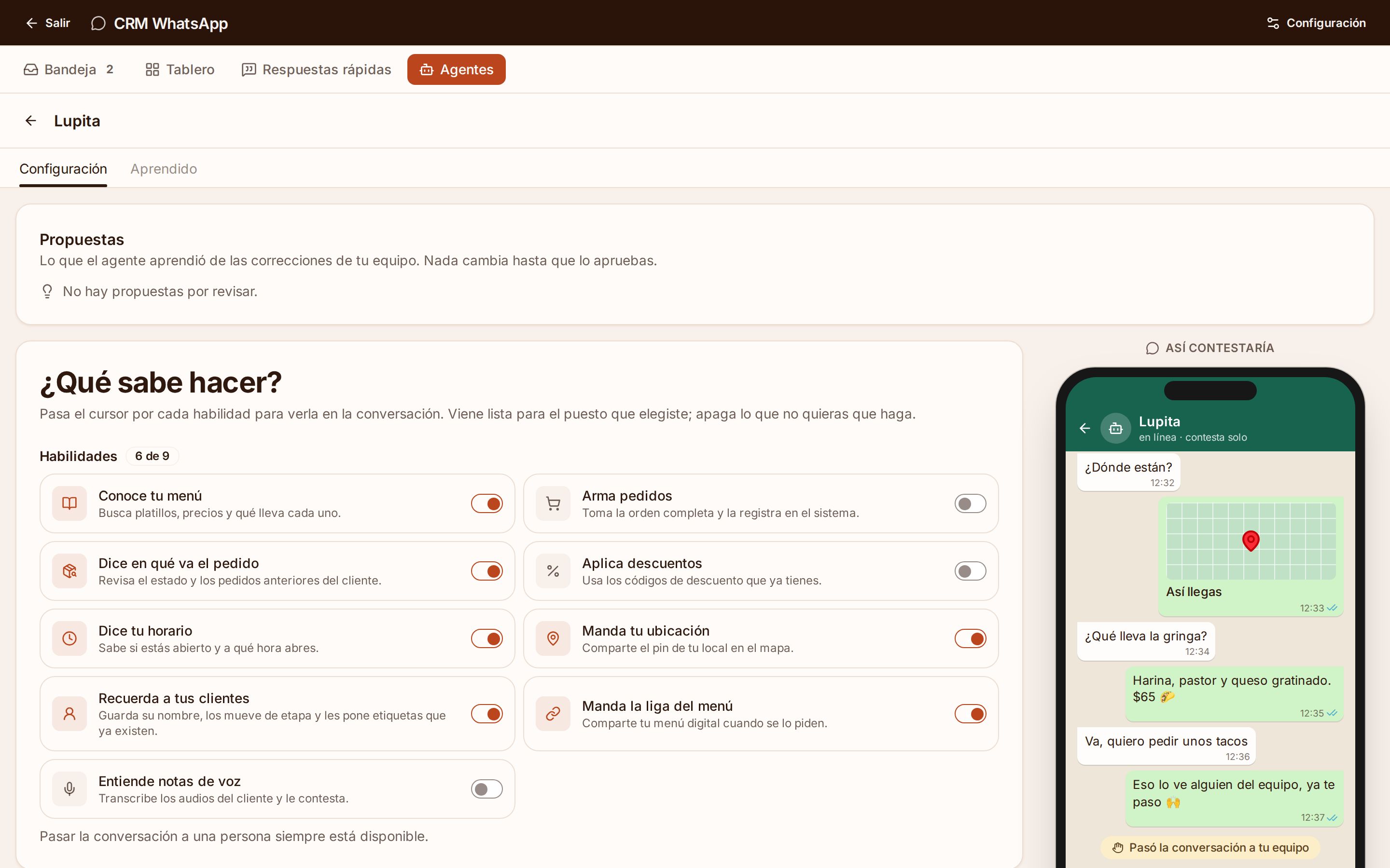 Configuración del agente de WhatsApp: su nombre, su objetivo, su tono y su estilo de respuesta
