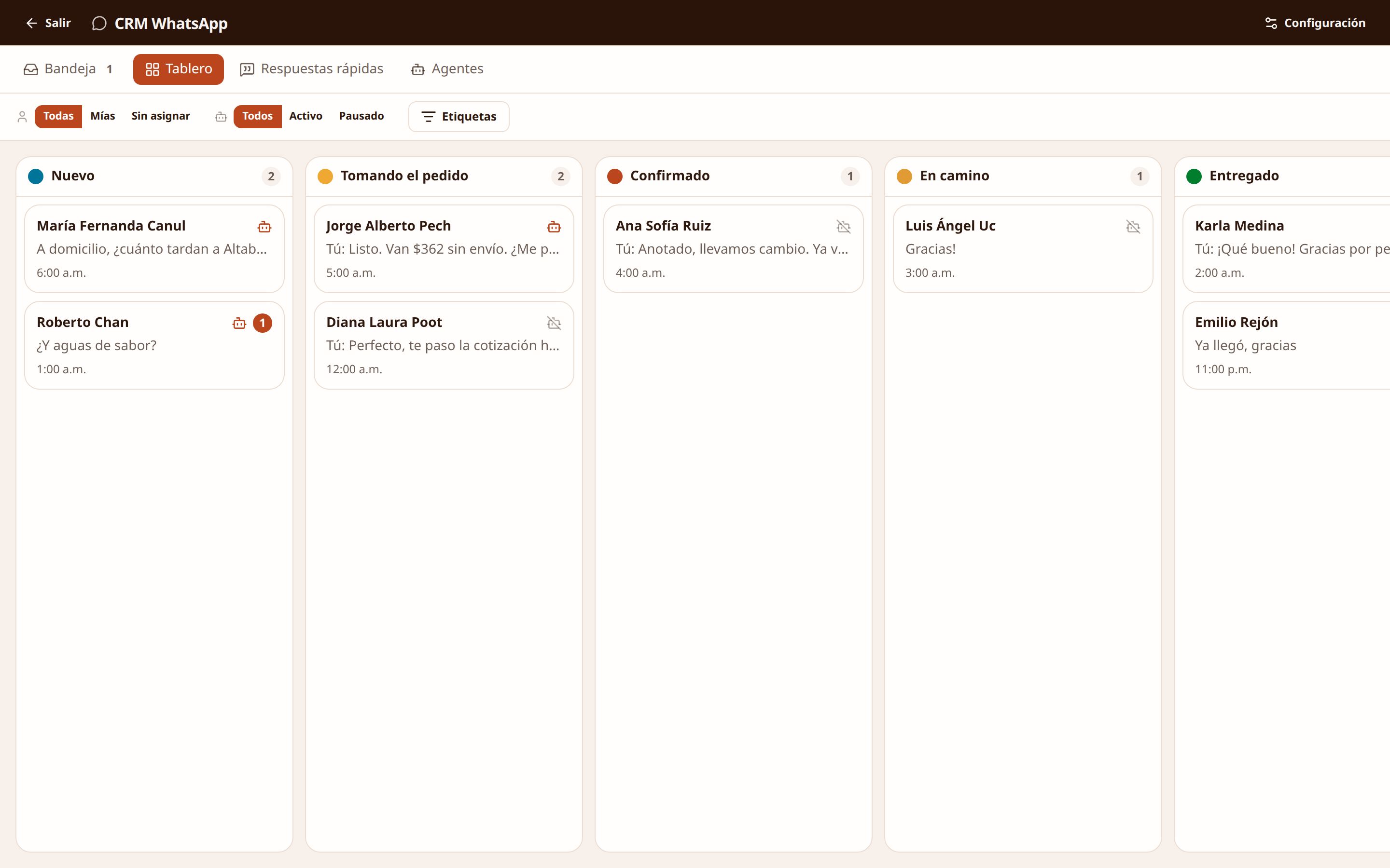 Tablero del CRM con los contactos moviéndose por etapa hasta el pedido