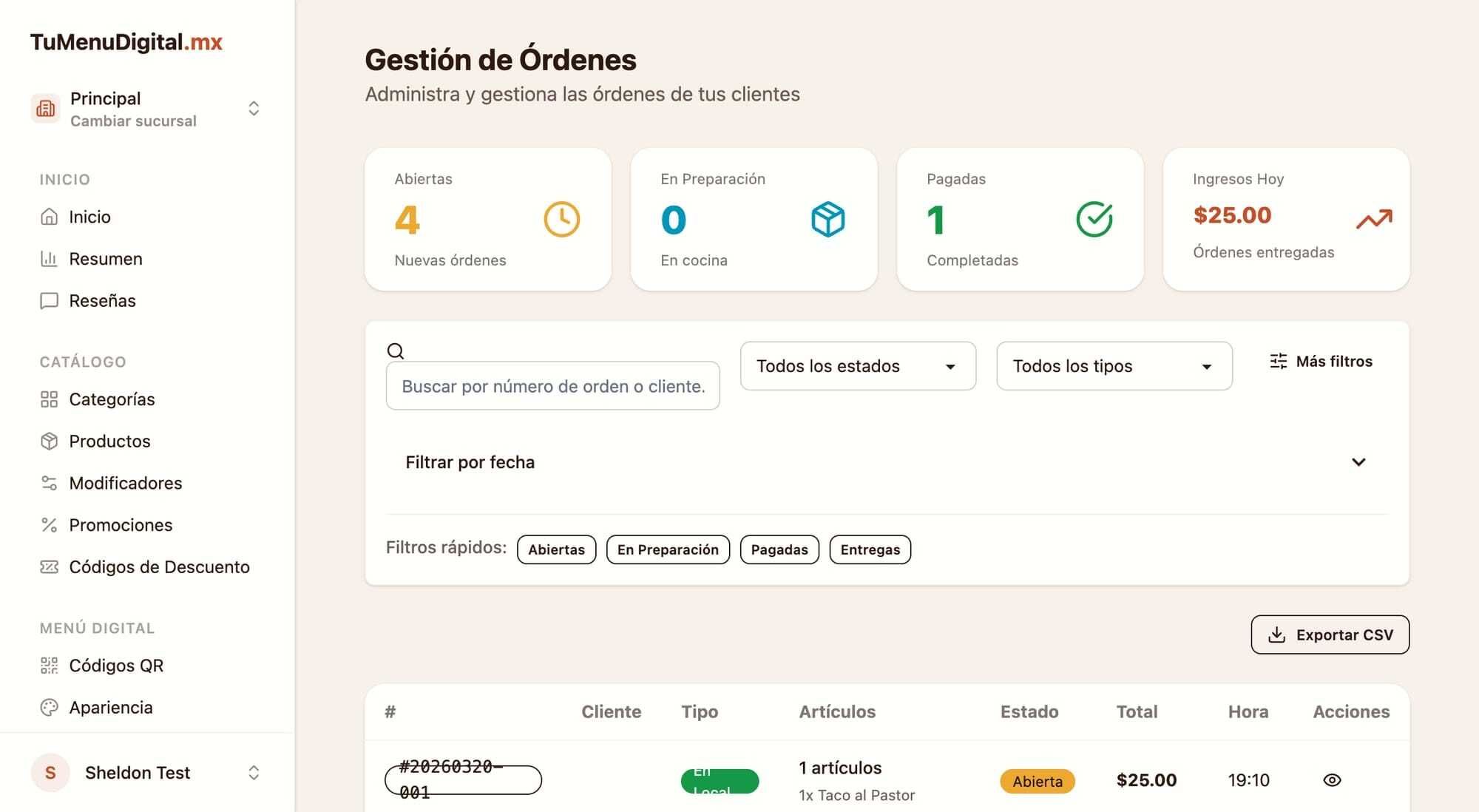 Panel de gestión de órdenes con filtros y estadísticas