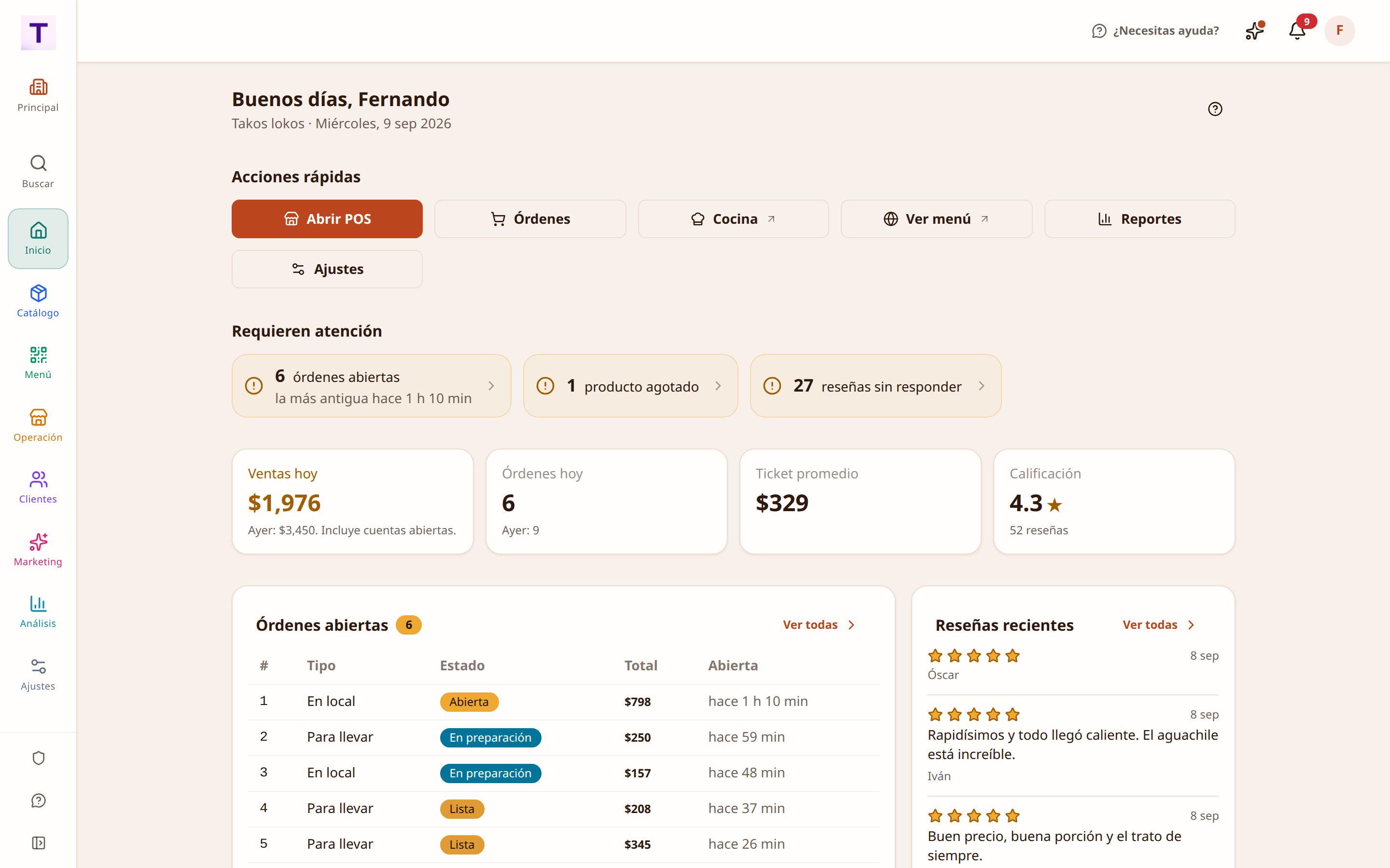 Panel de inicio con las ventas del día, los pedidos abiertos y los productos más vendidos