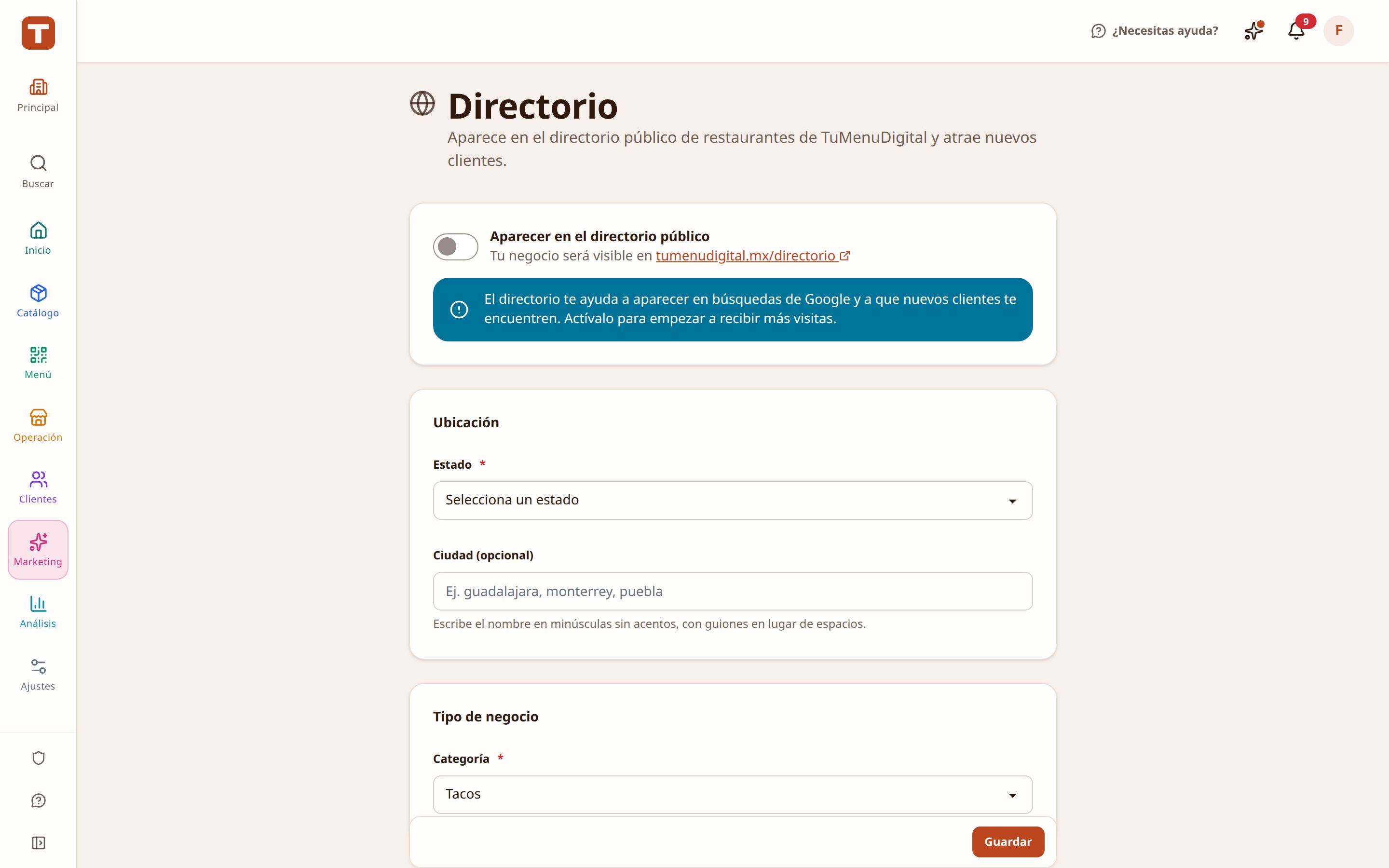Ficha del restaurante en el directorio público, con sus datos y su enlace al menú