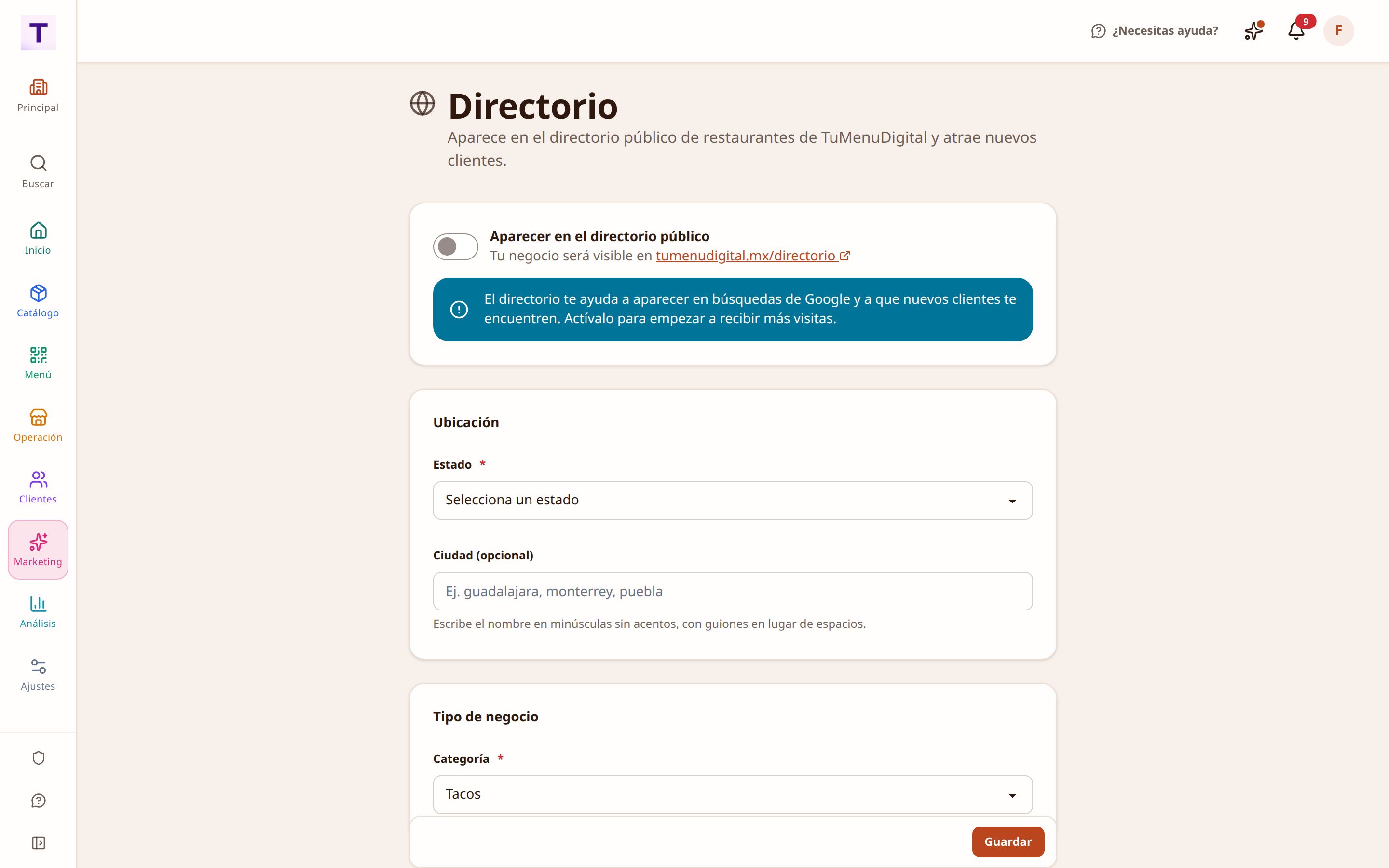 Ficha del restaurante en el directorio público, con sus datos y su enlace al menú