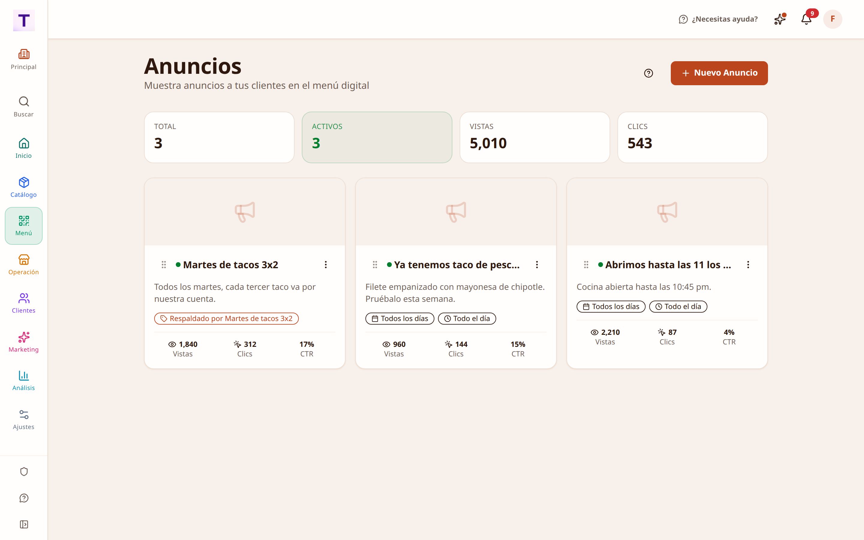 Anuncios que se muestran arriba del menú, con su vigencia y a qué sucursal salen