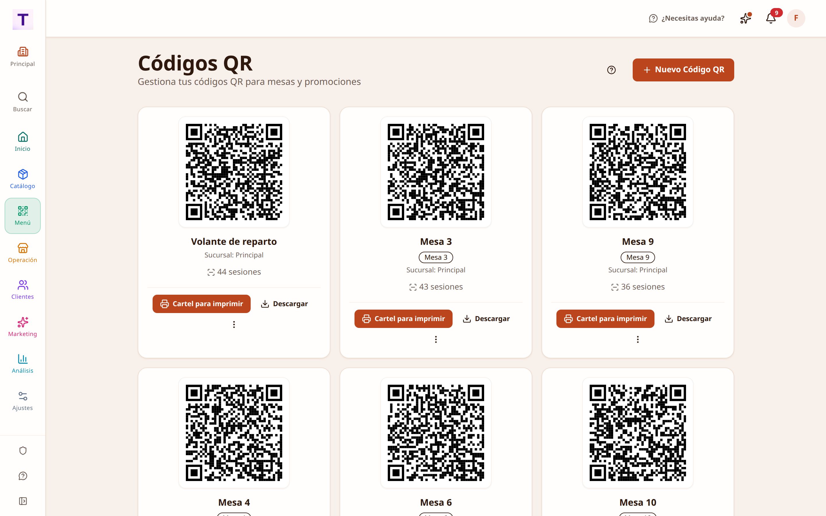 Códigos QR por mesa listos para imprimir, cada uno con su destino