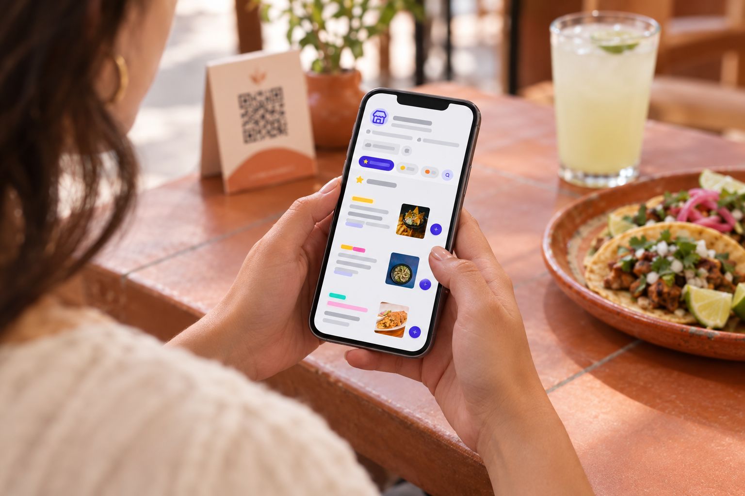Una comensal abre el menú del restaurante en su teléfono, con el QR de la mesa al lado
