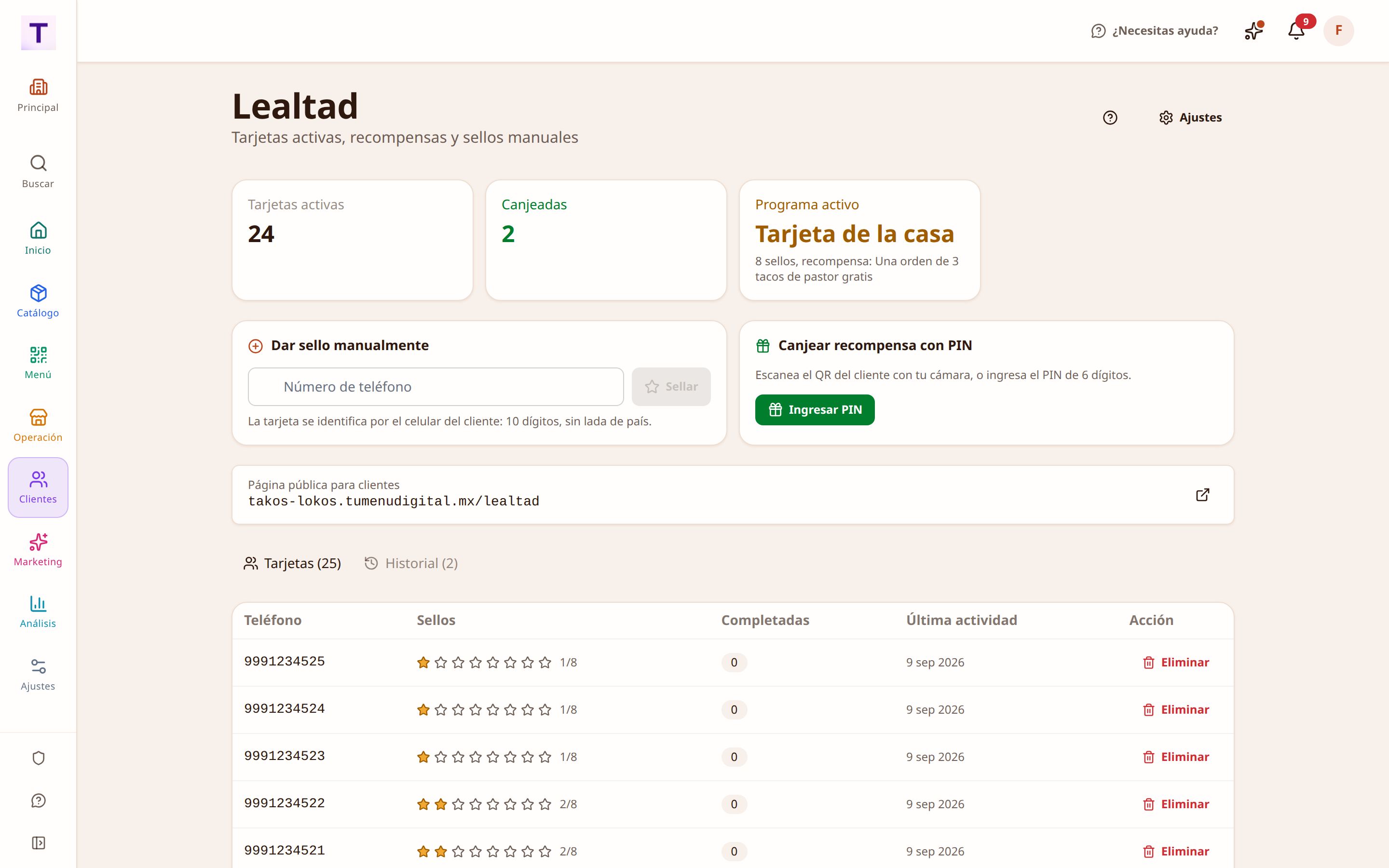 Configuración del programa de lealtad: puntos por peso gastado y premios canjeables