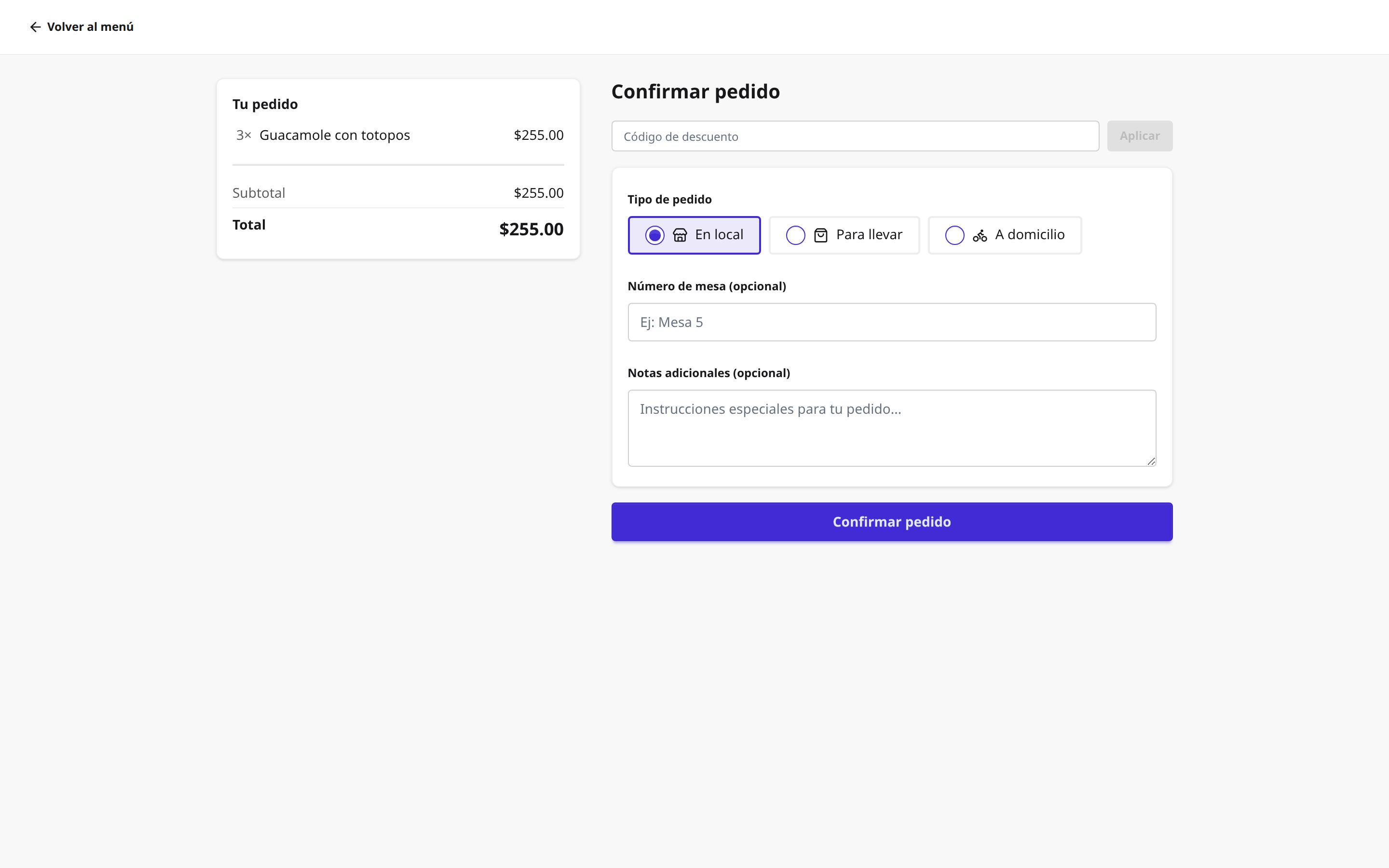 Cierre del pedido en el menú público, con el resumen de la cuenta y el pago con tarjeta