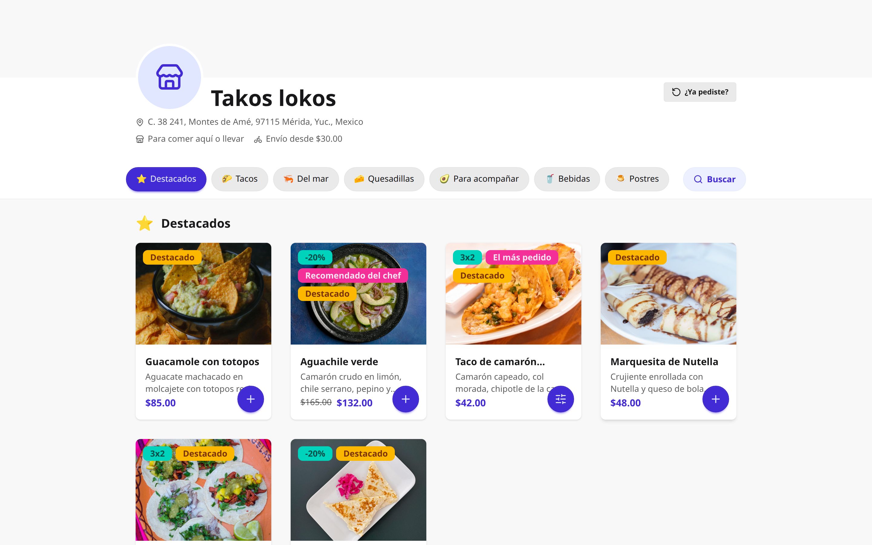 Menú público del restaurante en un teléfono, con sus categorías y sus fotos