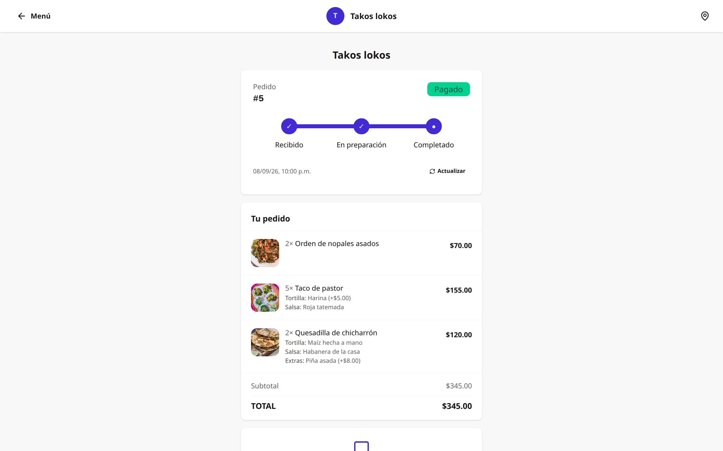 Seguimiento del pedido que abre el cliente, con el estado que manda la cocina