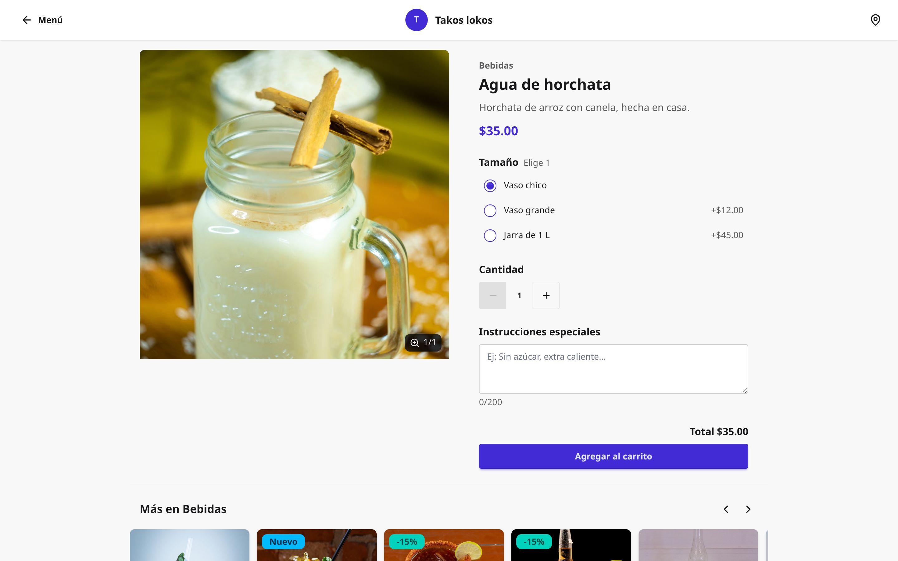 Ficha de un platillo en el menú público, con su foto, su descripción y sus opciones