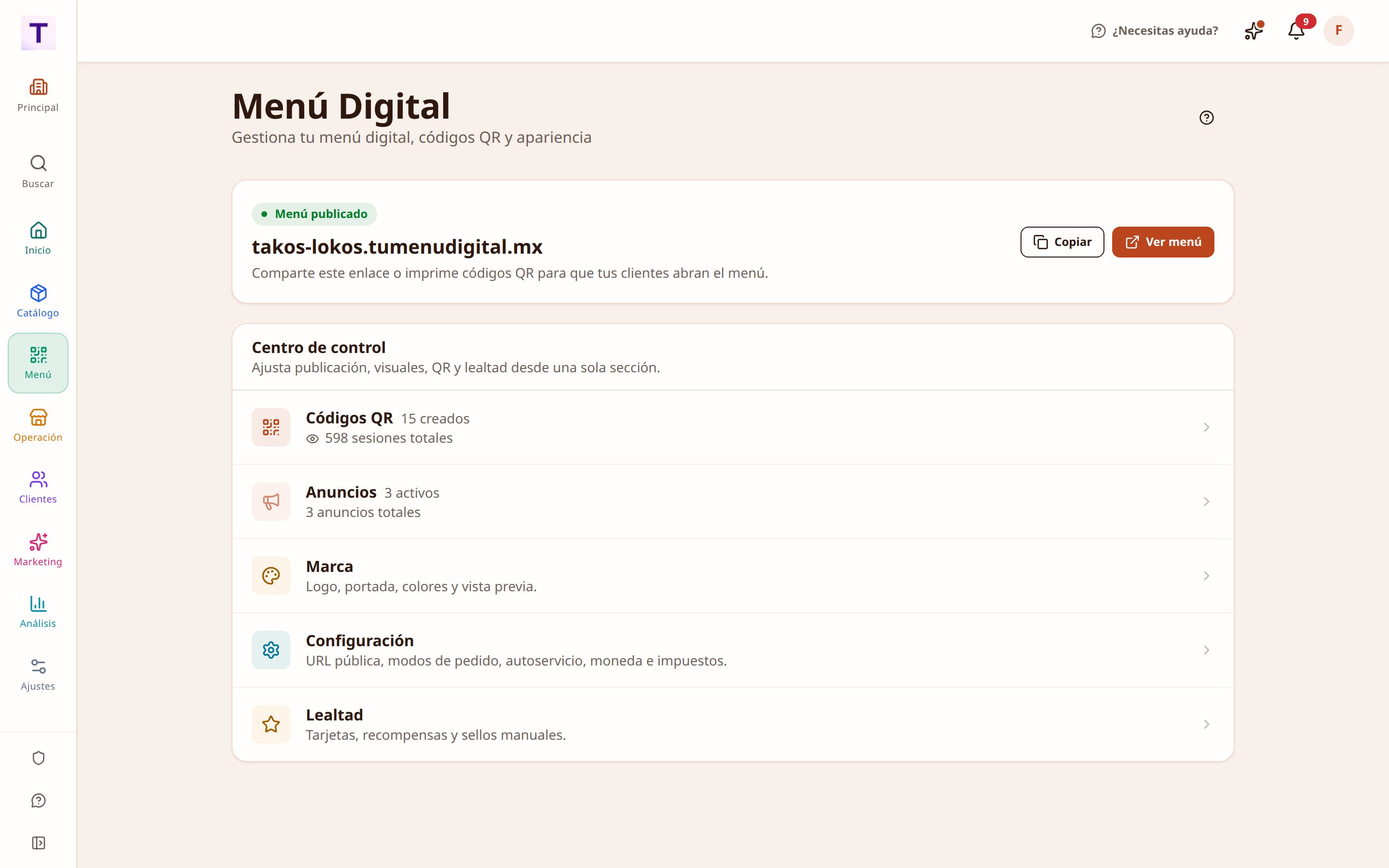 Resumen del menú digital con su enlace público, sus códigos QR y sus anuncios