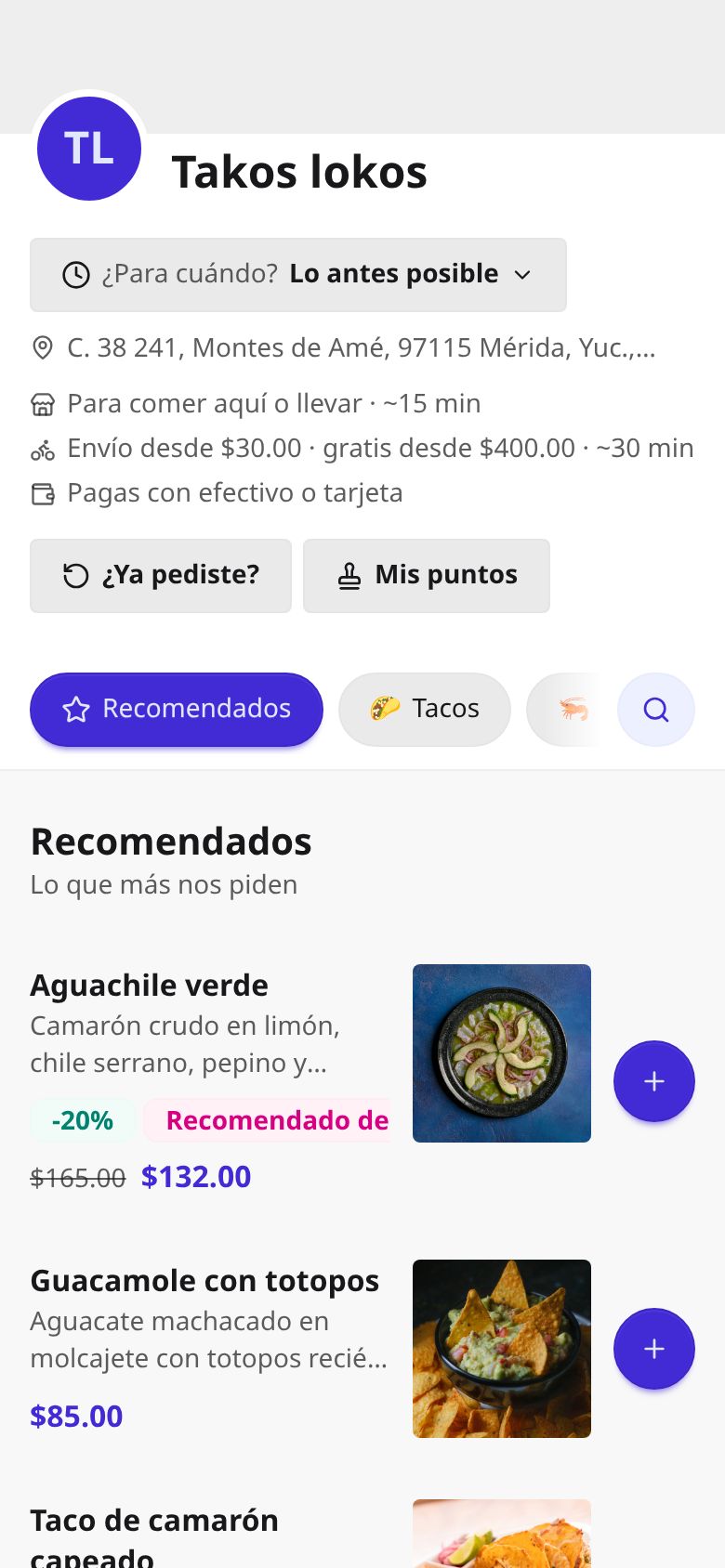 El menú del restaurante abierto en el teléfono de un comensal, con sus categorías y sus fotos