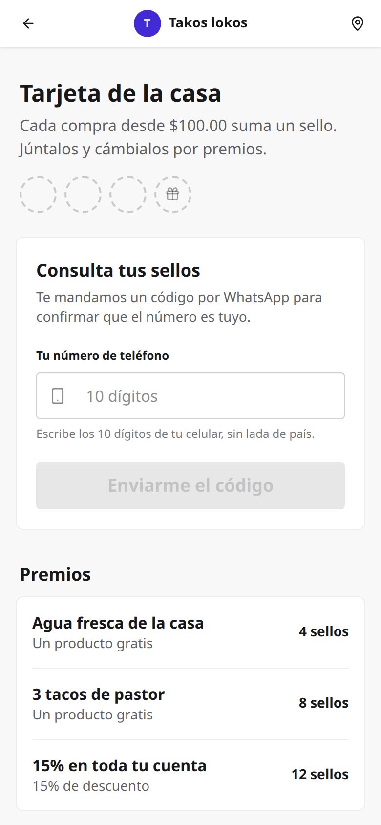 Página de lealtad en el teléfono del cliente: consulta sus sellos con un código por WhatsApp y ve los premios de la tarjeta