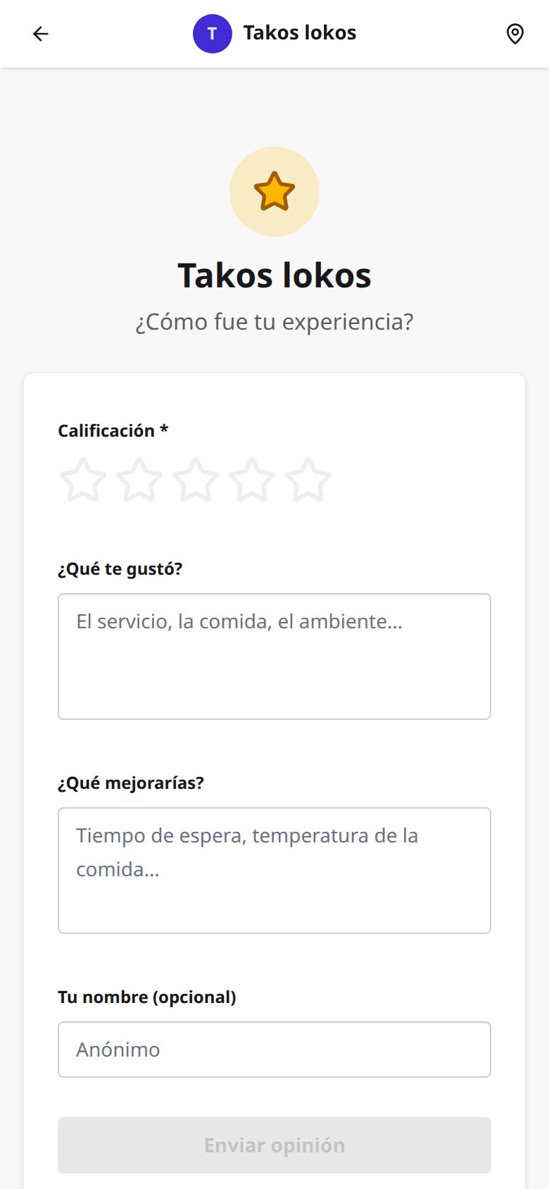 Formulario de opinión que abre el cliente al escanear el QR de su ticket