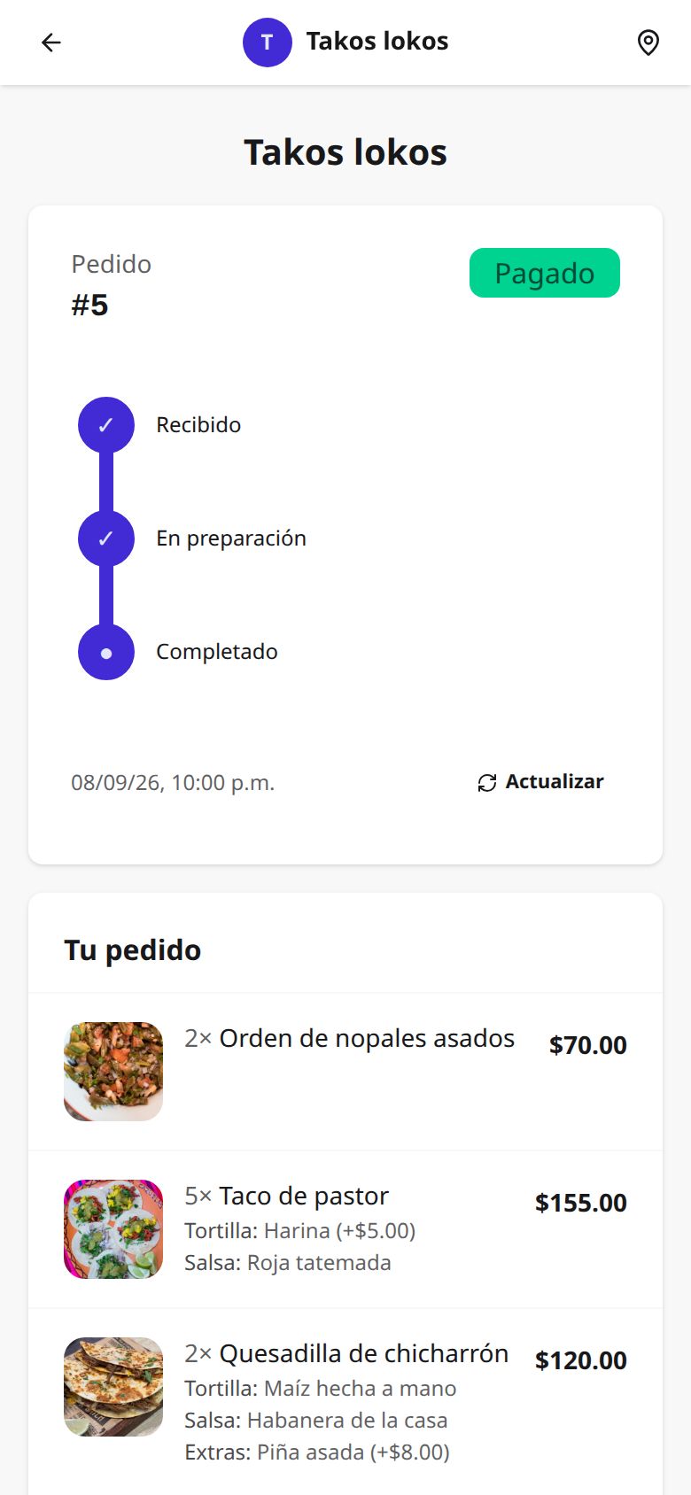 Seguimiento del pedido en el teléfono del cliente, con el estado que manda la cocina