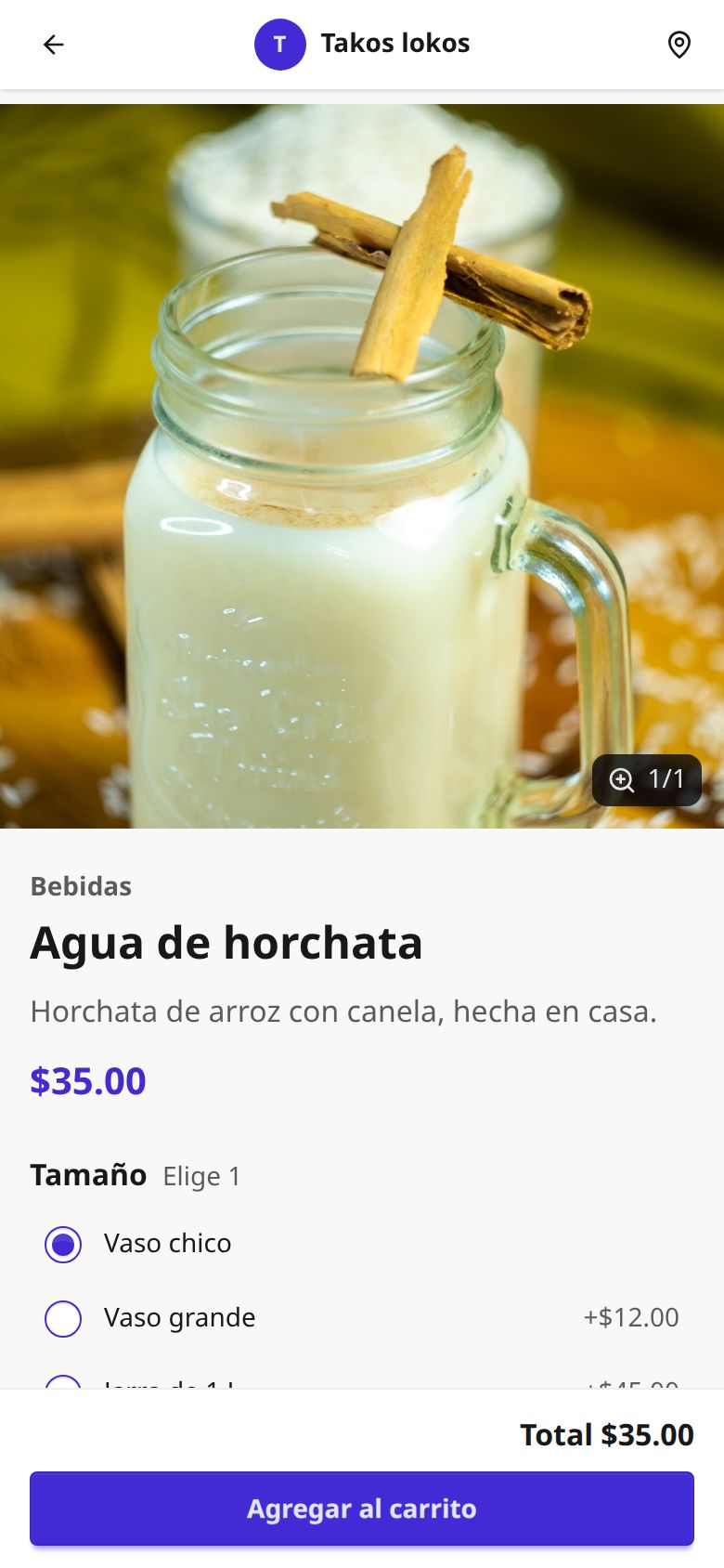 Ficha de un platillo en el teléfono, con su foto, su descripción y sus opciones