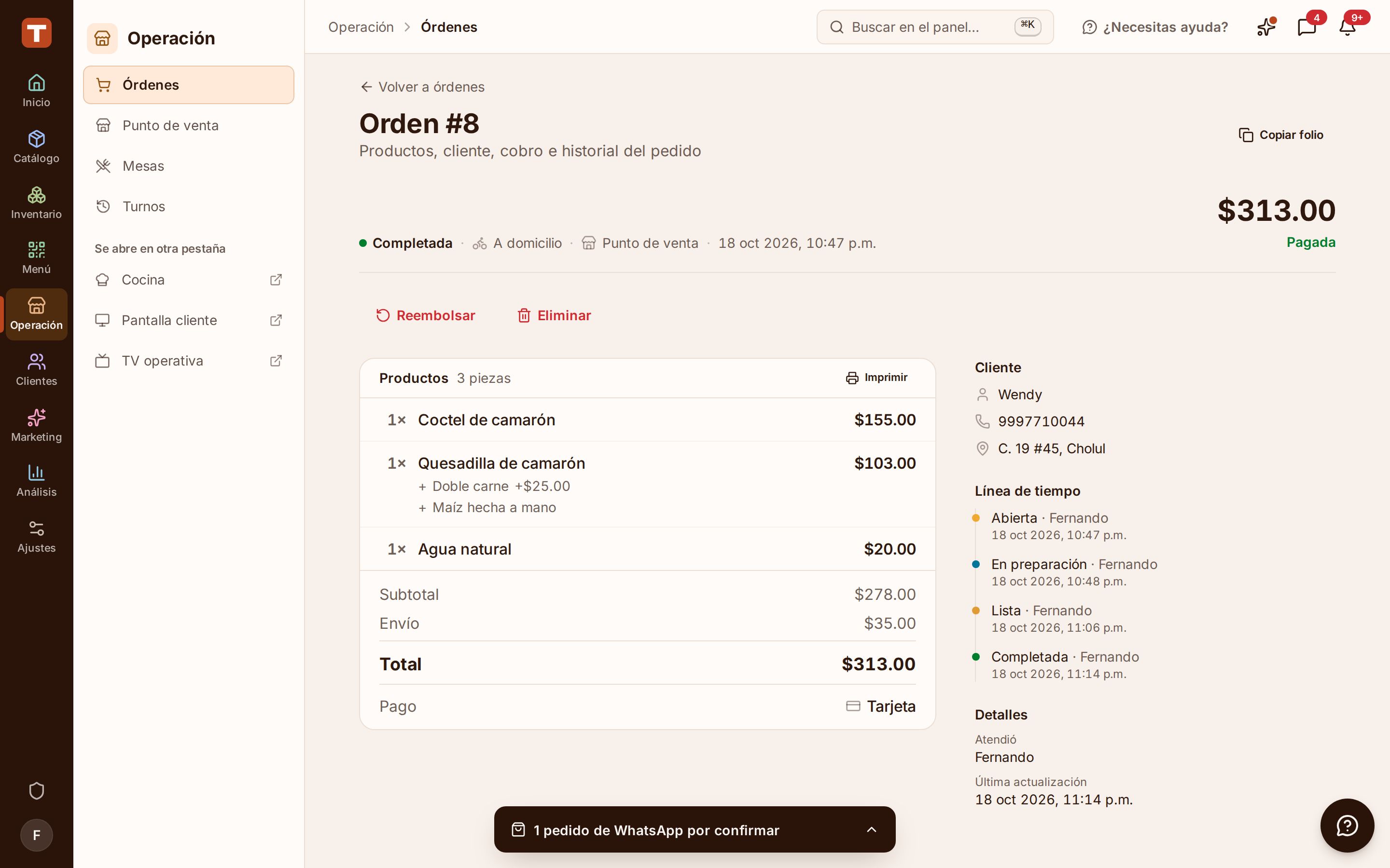 Detalle de un pedido con sus líneas, sus modificadores, su cobro y su bitácora de estados