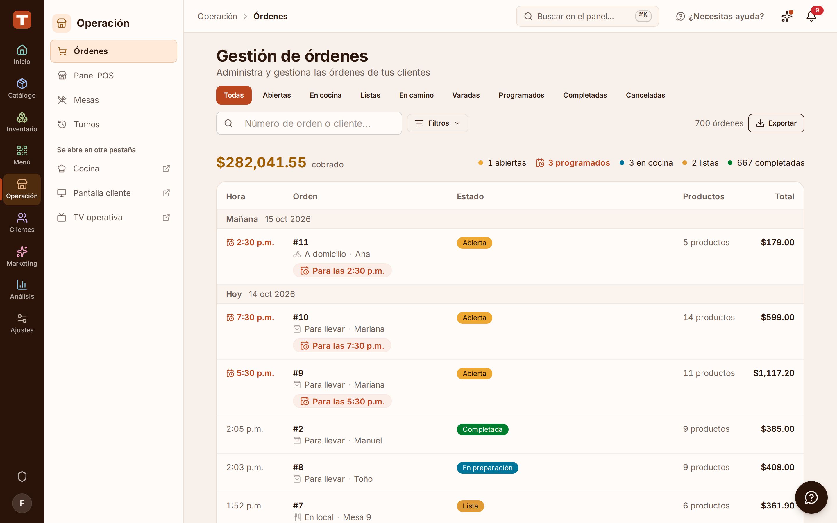 Listado de pedidos con su canal, su estado y su total, filtrable por día
