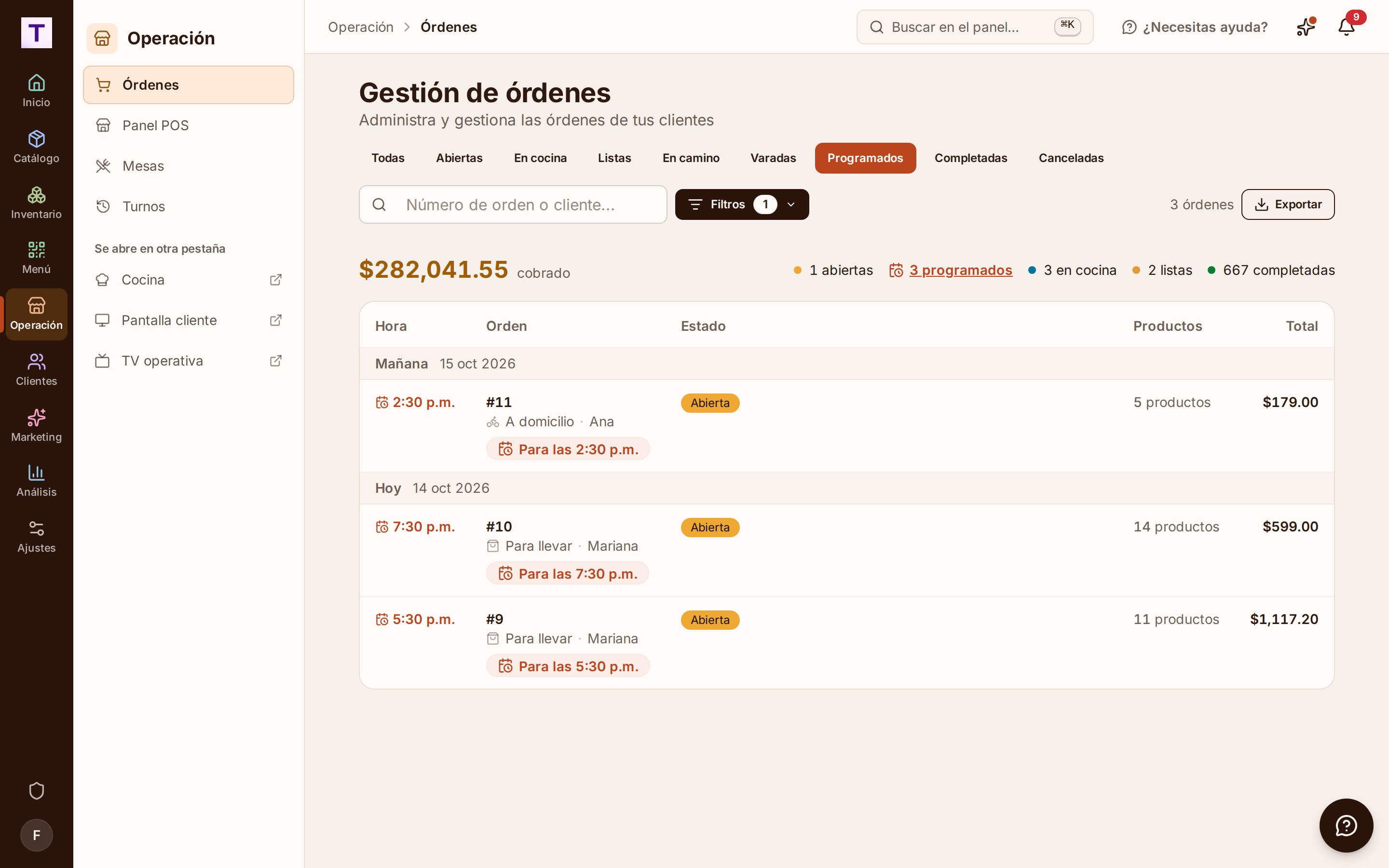 Órdenes en el filtro Programados: cada pedido con la hora para la que lo quieren, agrupado en hoy y mañana