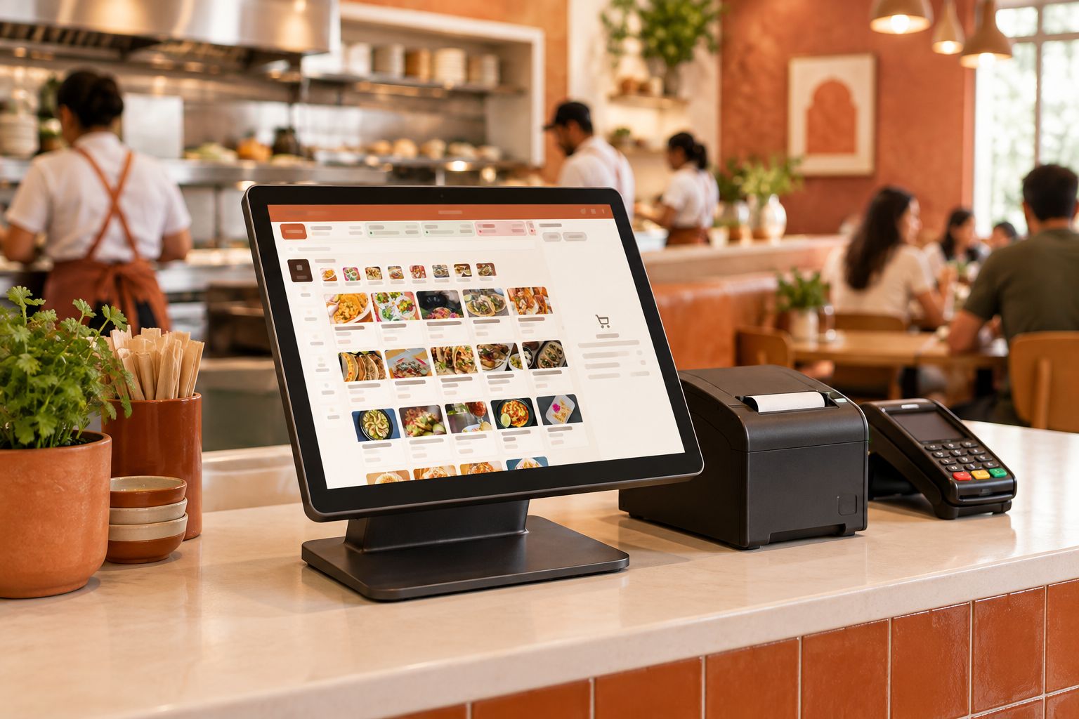 Una terminal de punto de venta en el mostrador de una taquería, con su impresora de tickets y su terminal de cobro