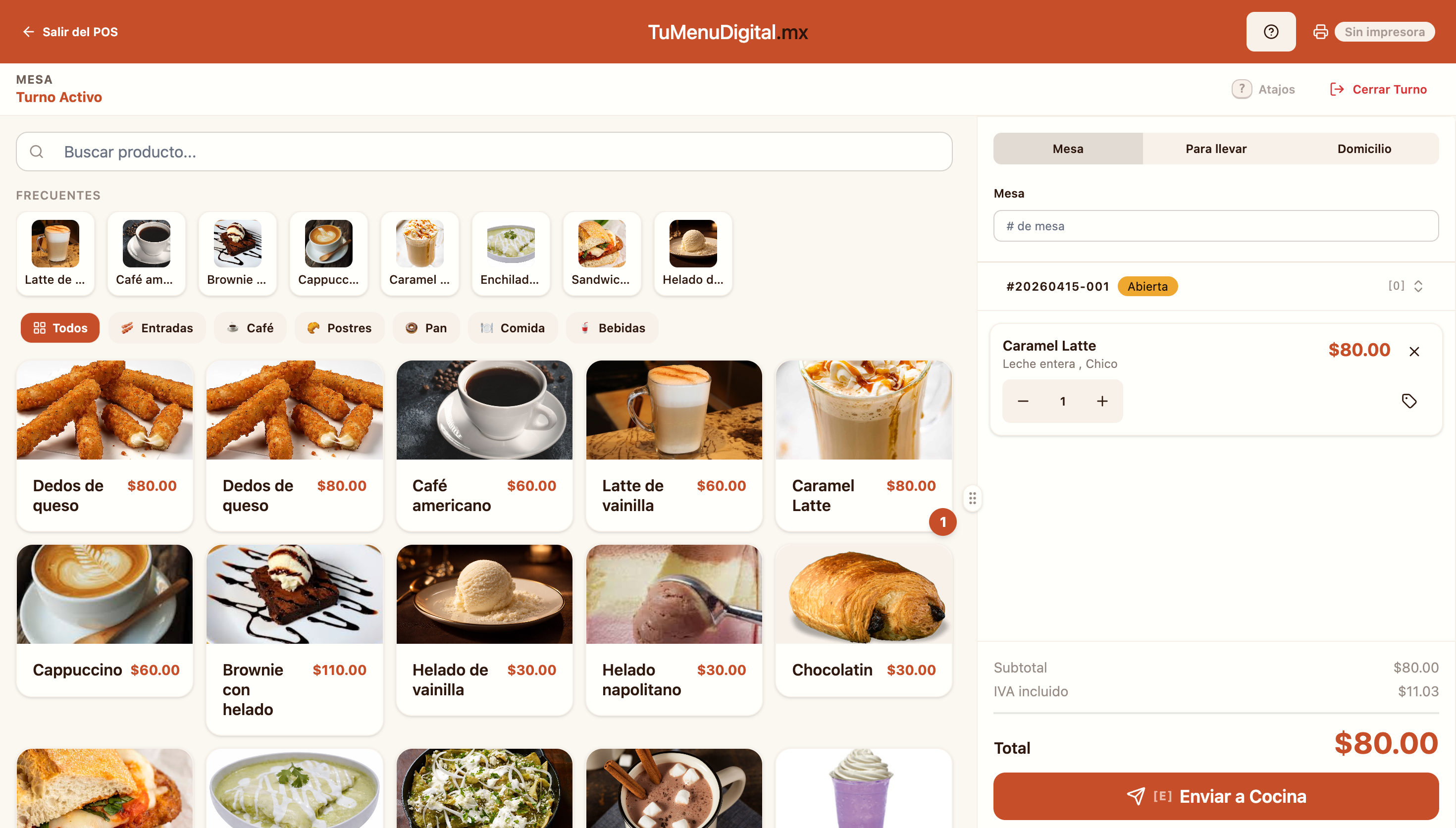 Punto de venta con catálogo de productos y tipos de orden