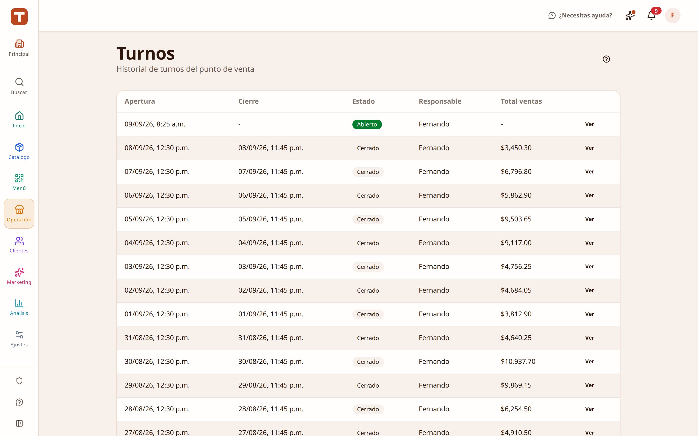 Historial de turnos de caja con el monto de apertura, las ventas y la diferencia del corte