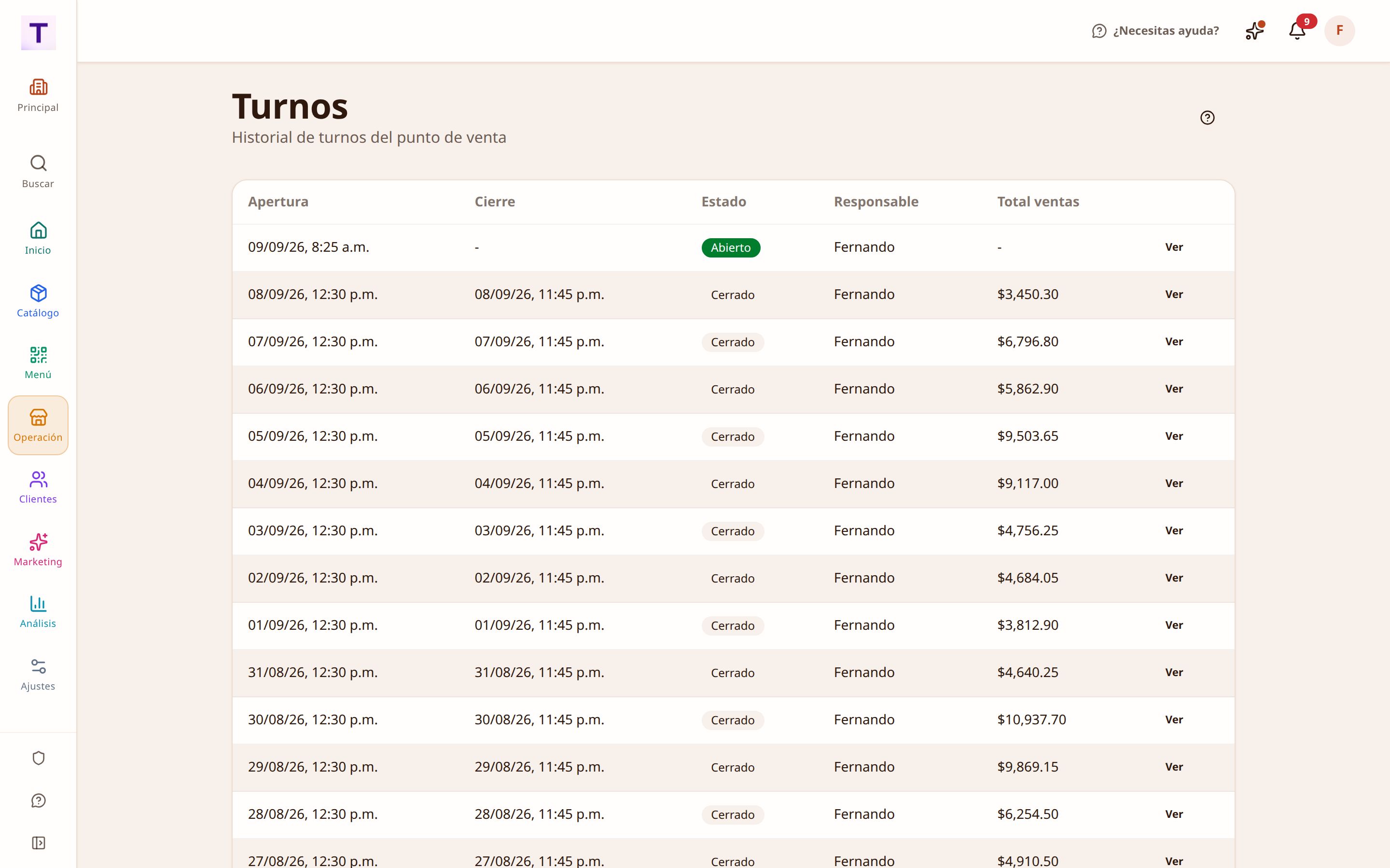 Historial de turnos de caja con el monto de apertura, las ventas y la diferencia del corte