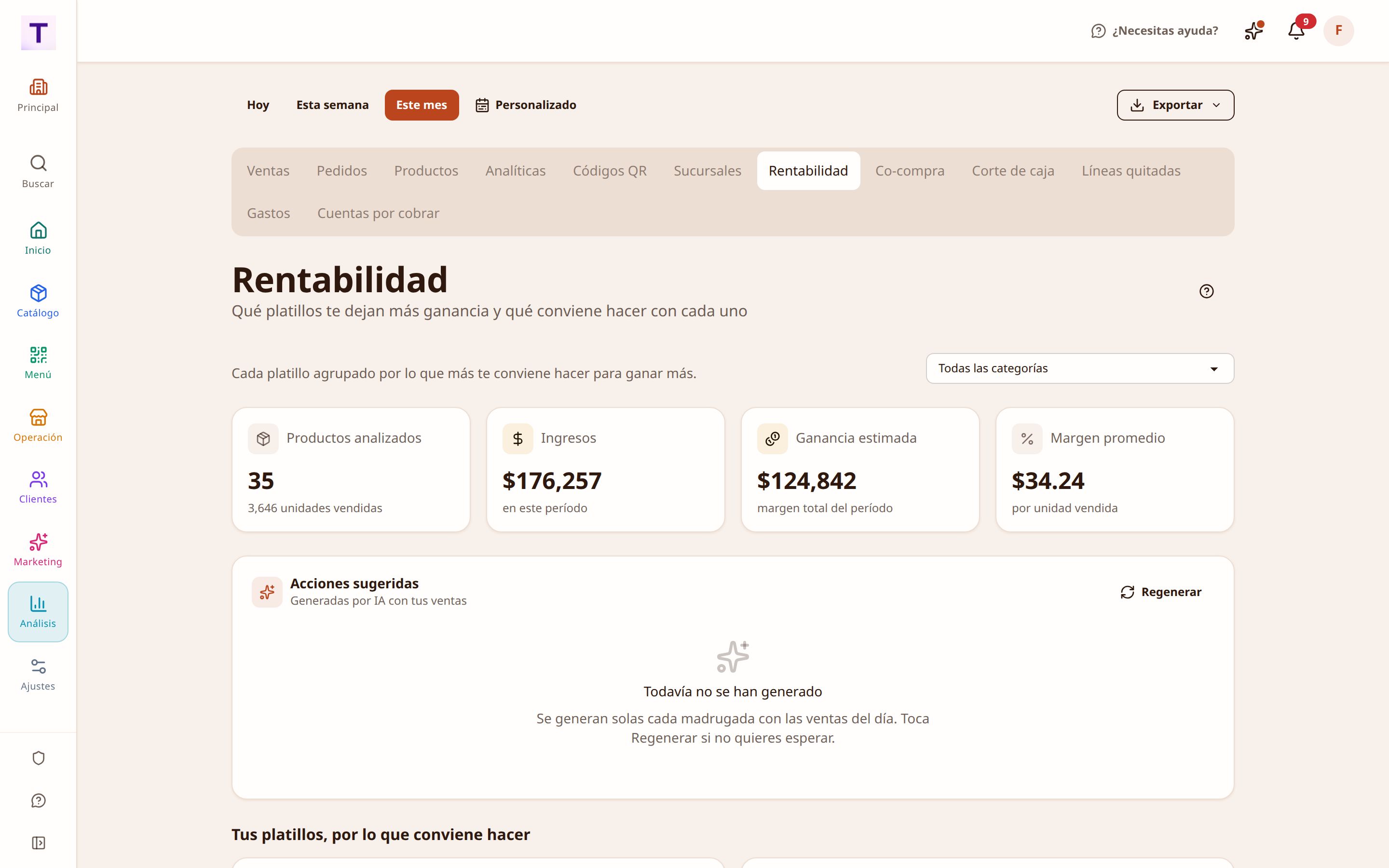 Reporte de rentabilidad con el margen de cada platillo contra su costo de receta