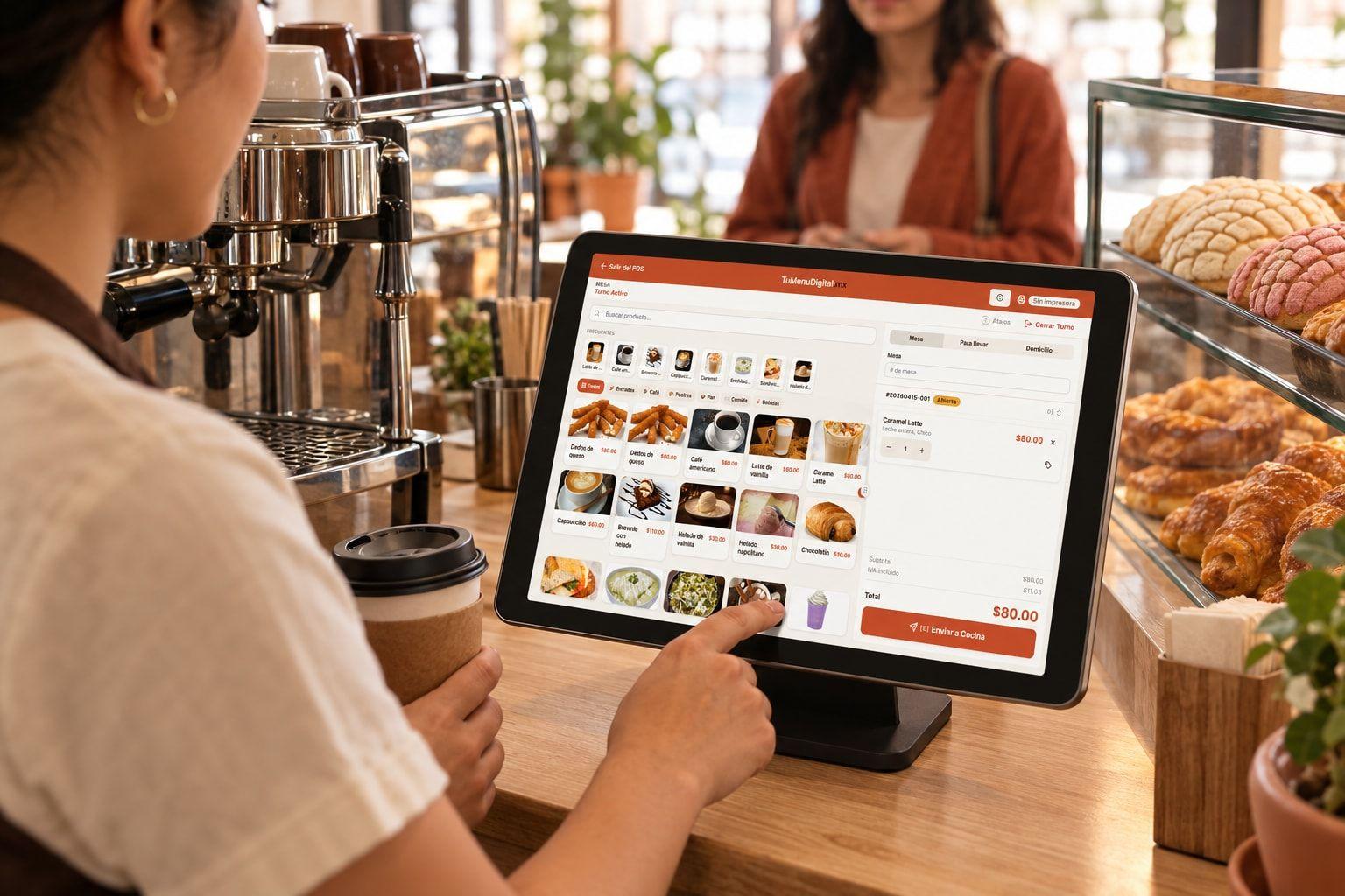 Una barista toca el punto de venta en una tablet junto a la máquina de espresso, con un caramel latte con leche entera en la cuenta y la vitrina de pan dulce al lado
