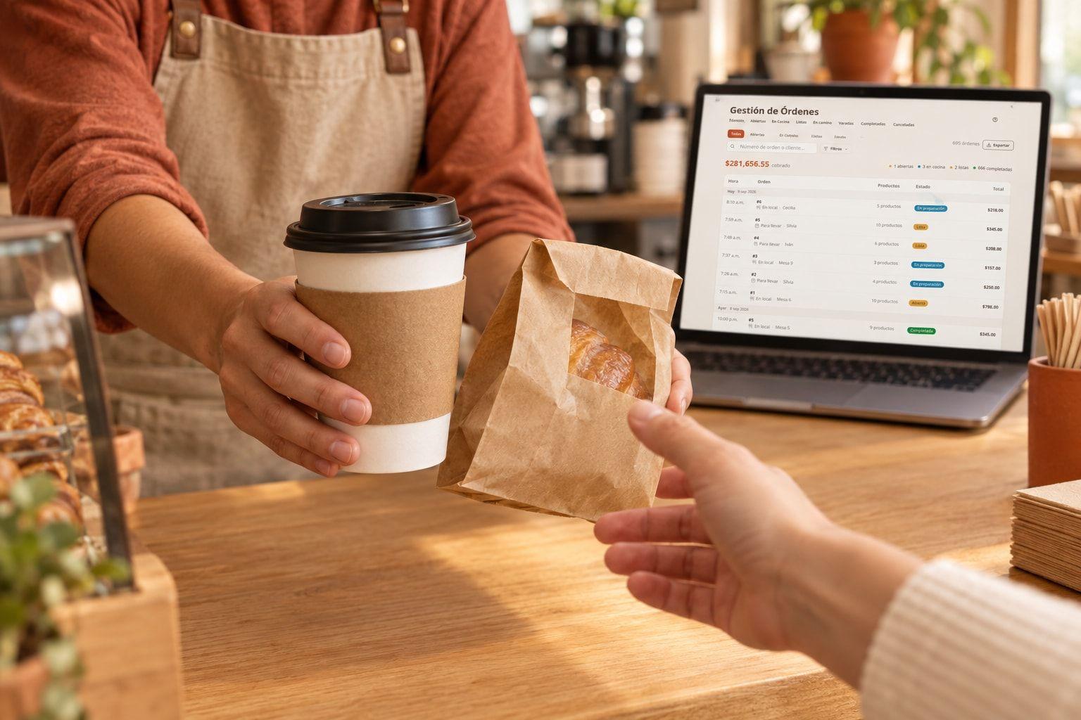 Un barista entrega un café para llevar y una bolsa con pan, con la lista de pedidos de la mañana abierta en una laptop detrás