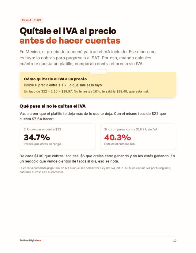 Página del IVA: el mismo taco a 34.7% y a 40.3% de food cost