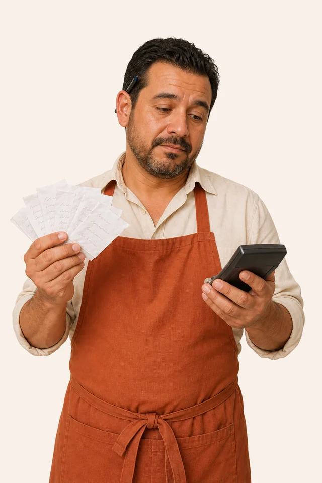 Un dueño de restaurante revisa un puñado de comandas escritas a mano con una calculadora en la otra mano