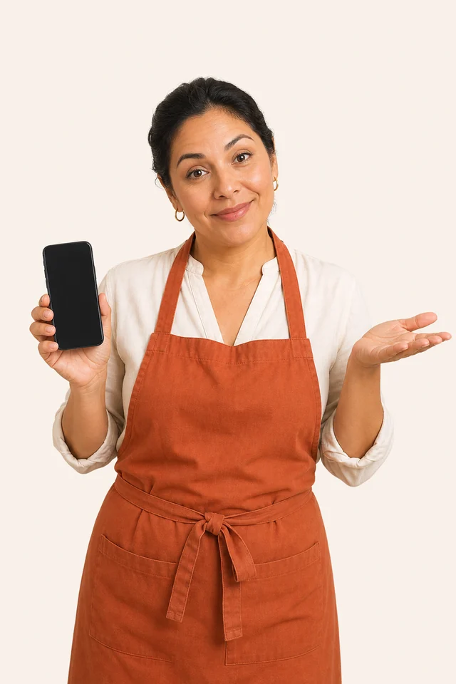Una restaurantera con el celular en la mano hace un gesto de duda